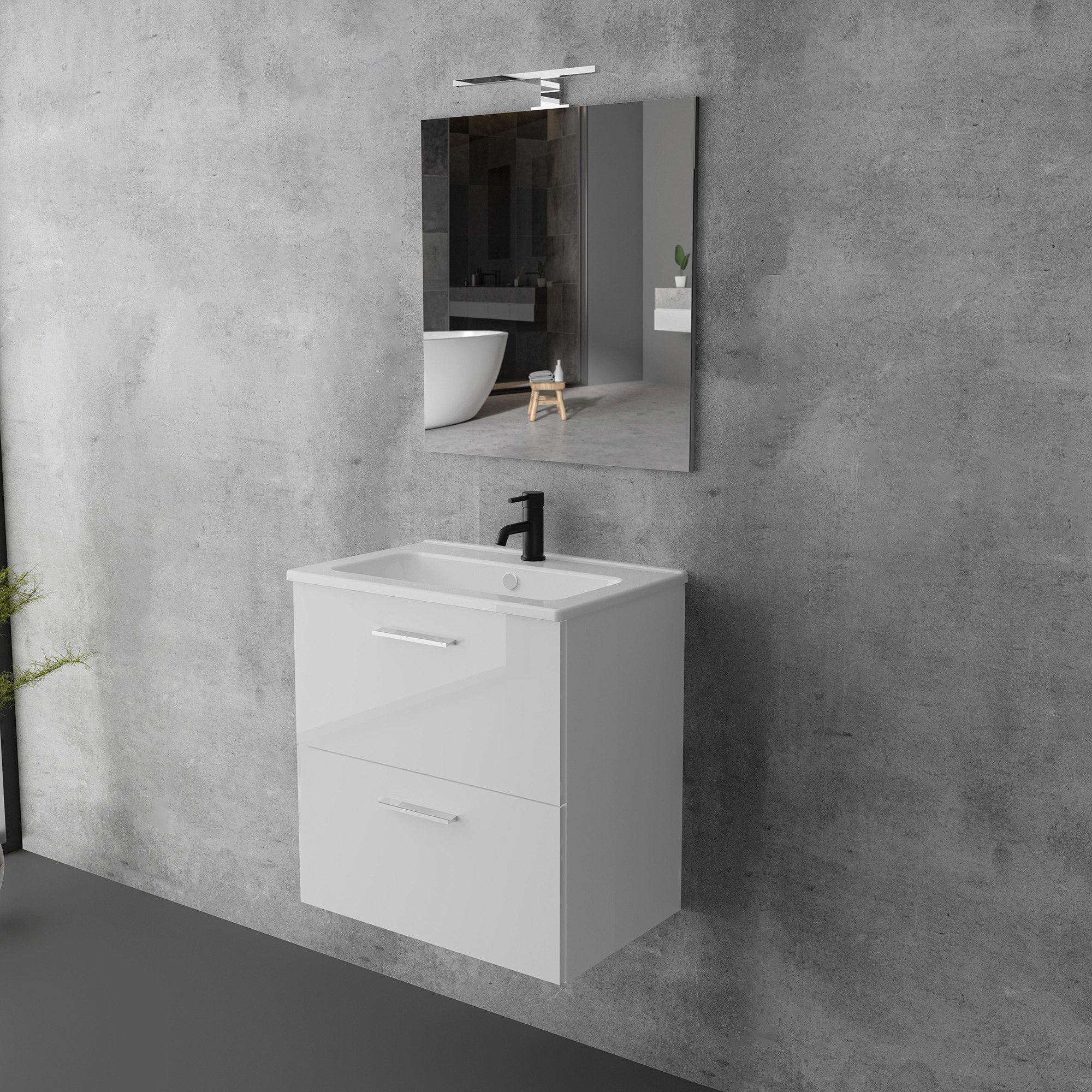 Vitra Badmöbel-Set mit Waschbecken und LED Badspiegel – Waschtisch mit Unterschrank, (Waschbecken mit Unterschrank 60 cm Breit, Waschbeckenunterschrank Weiss), Badezimmerschrank mit Spiegel mit Beleuchtung