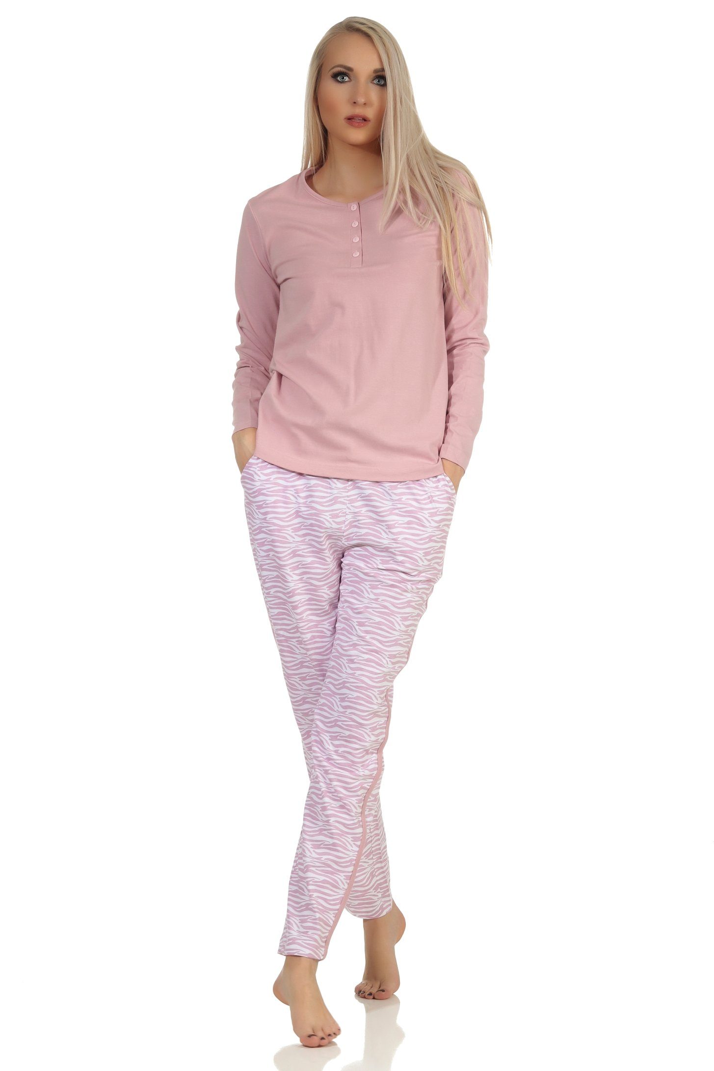 Normann Pyjama Damen Pyjama langarm mit seitlichen Streifen am Bein + Animal-Muster altrose