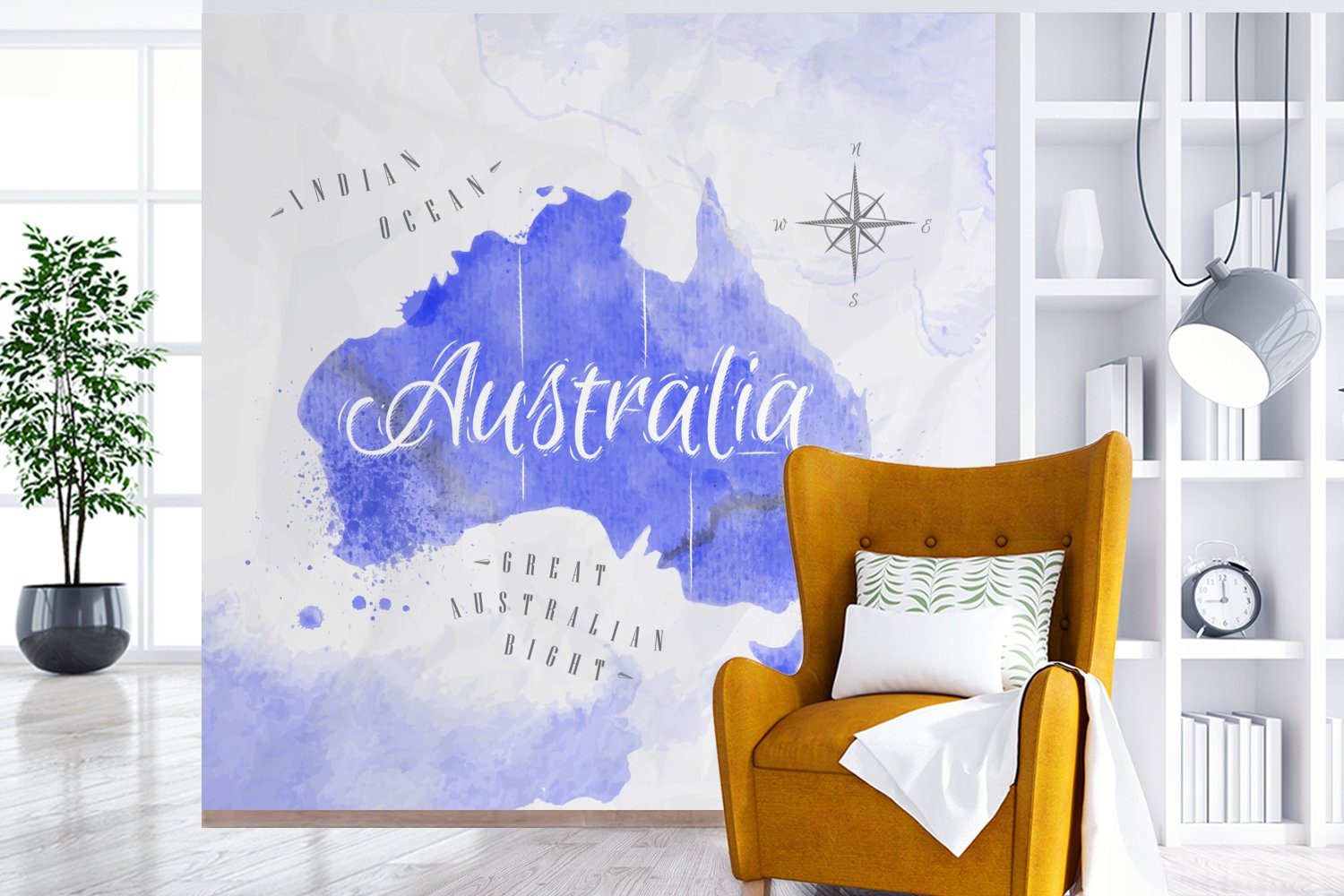 MuchoWow Fototapete Weltkarte Fototapete Australien (4 Küche, Wohnzimmer bedruckt, Blau, St), - Matt, Schlafzimmer - für Vliestapete