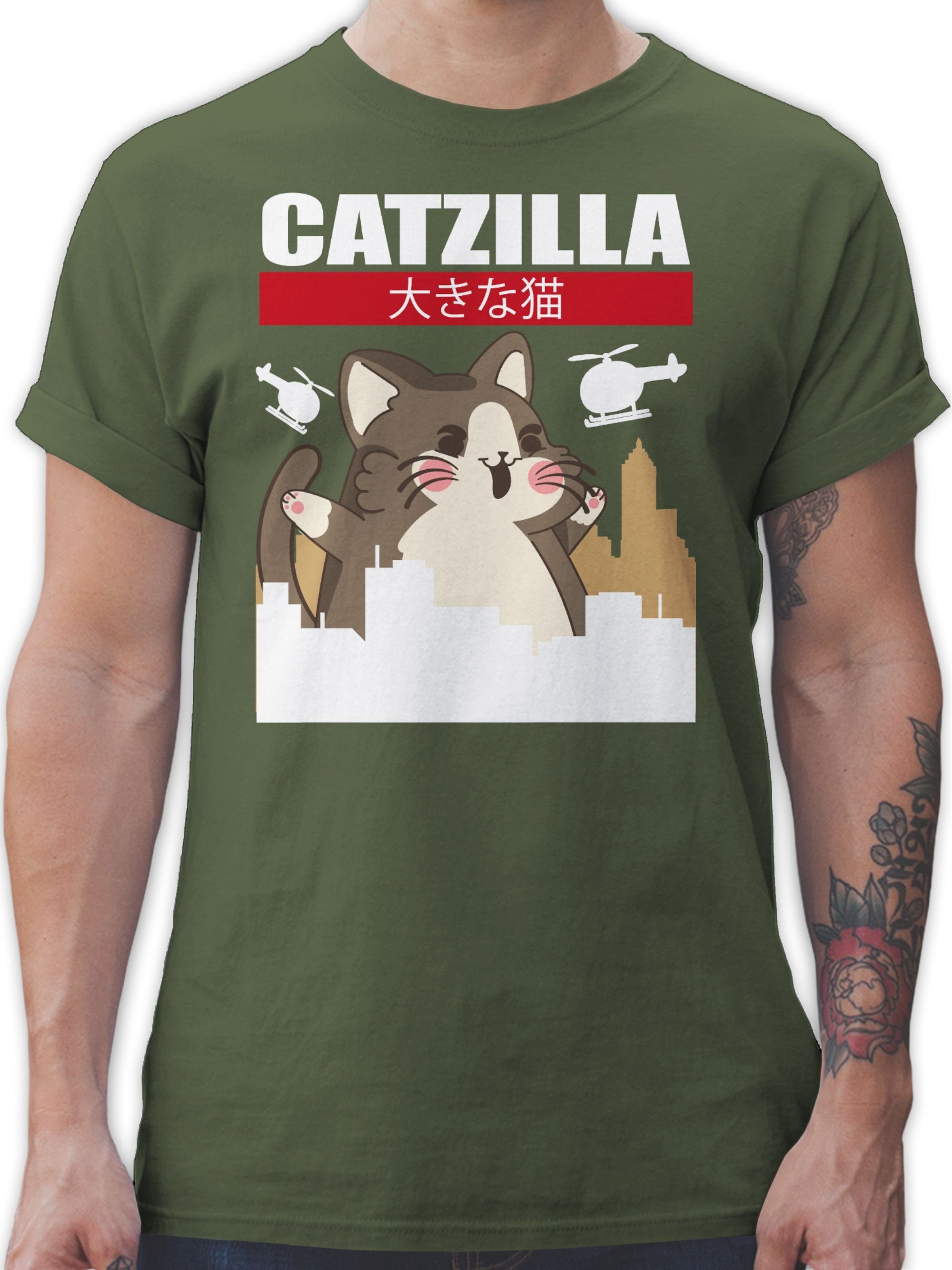 Shirtracer T-Shirt Catzilla - Big Cat Anime Geschenke 3 Army Grün