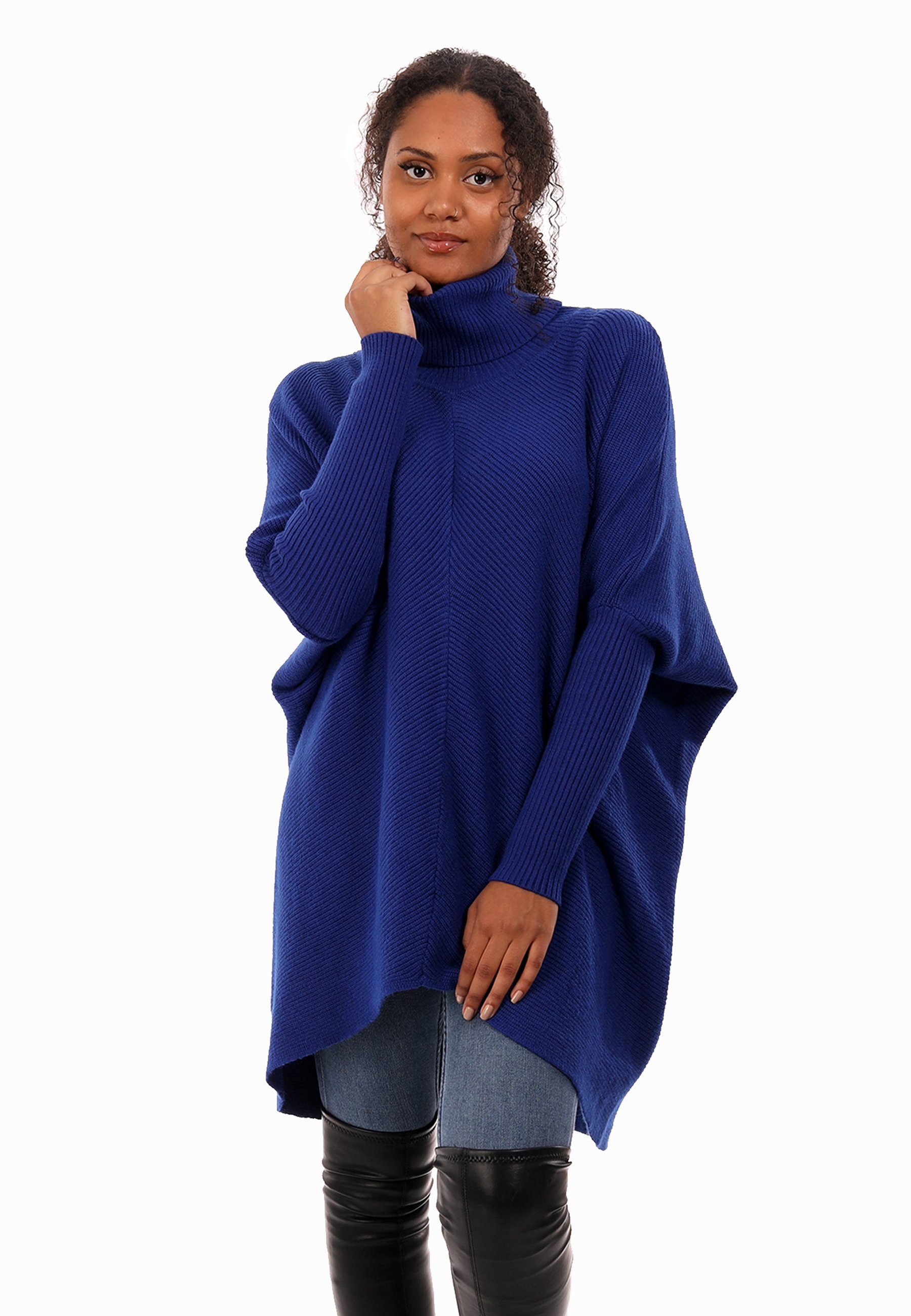 YC Fashion & Style Longpullover in Unifarbe, Schultern Size Plus Strickpullover mit asymmetrisch (1-tlg) mit royalblau überschnittenen Rollkragen