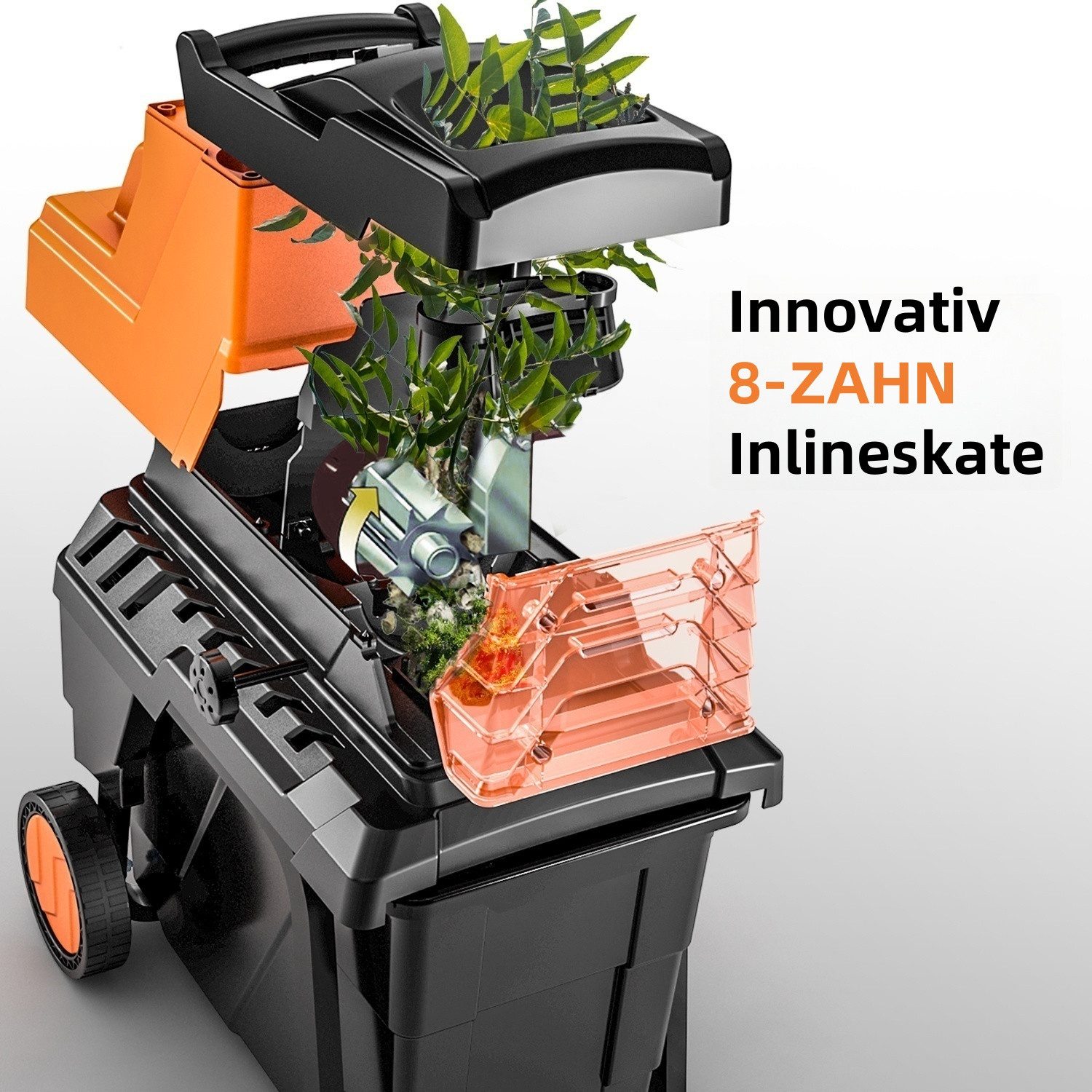 DOVAMAN Häcksler 2800 W Bürstenlosem Motor 45 mm Aststärke Elektrisch 50L, Robuste Auffangbox