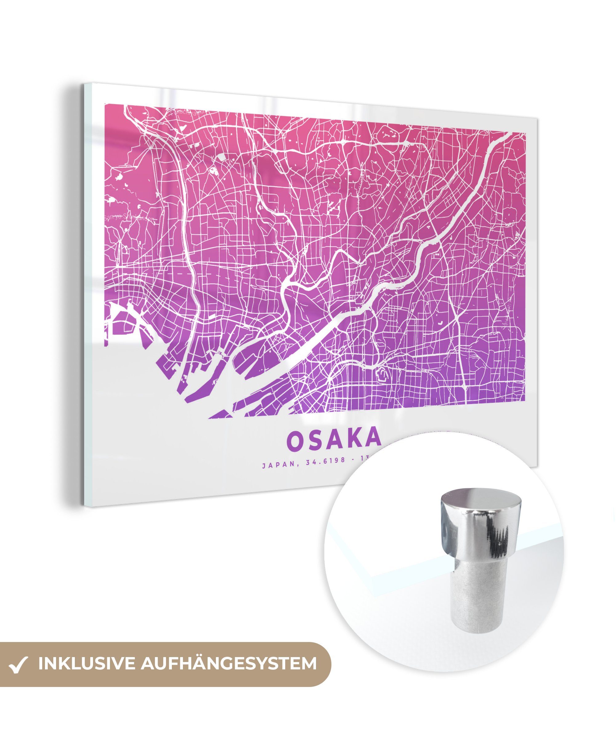 MuchoWow Acrylglasbild Osaka - Japan - Stadtplan, (1 St), Acrylglasbilder Wohnzimmer & Schlafzimmer