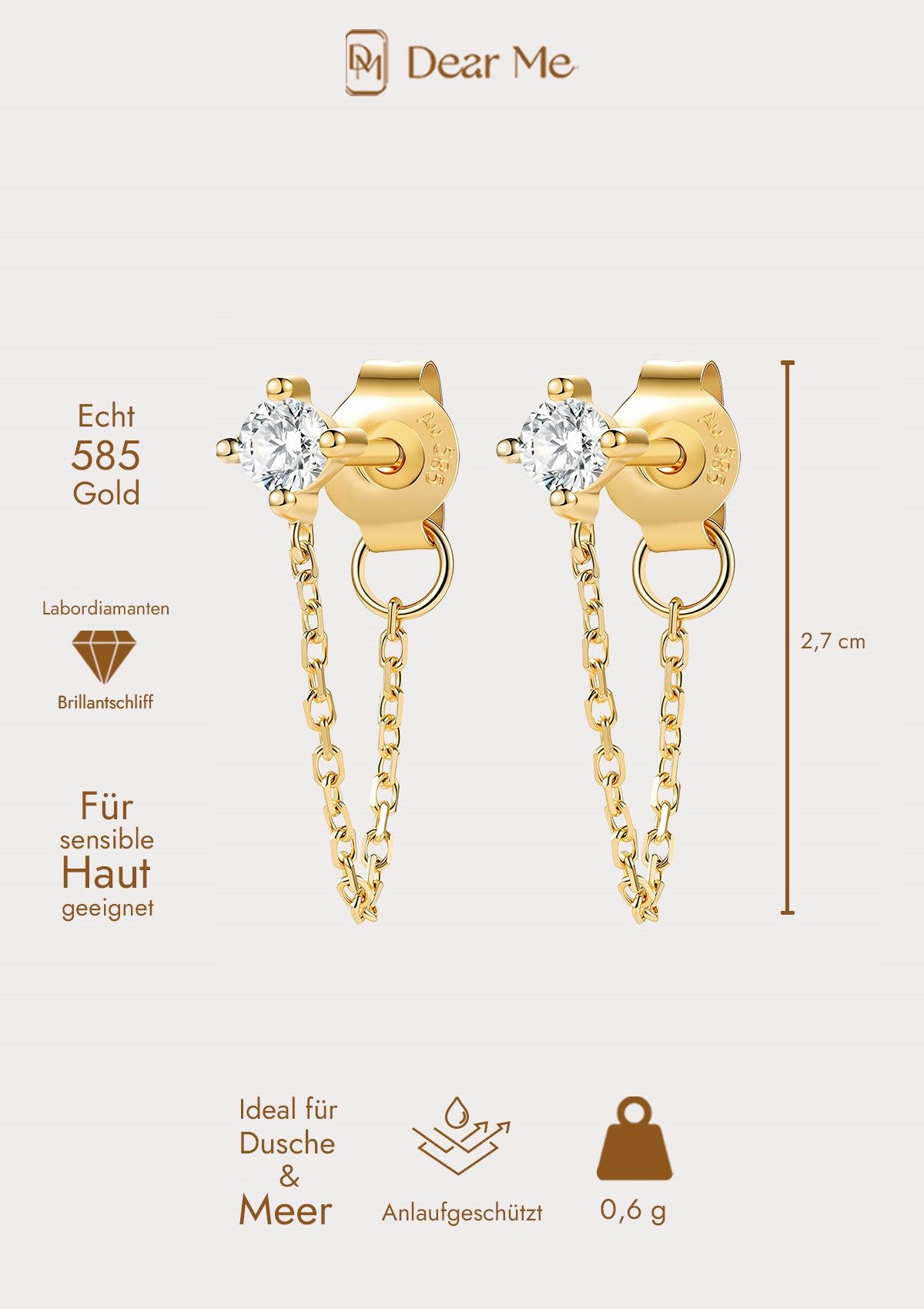 Dear Me Paar Ohrhänger mit Diamanten Zusammenhalt, 585 Echtgold, Moderne Damen Kettenohrringe, 14 Karat Gold