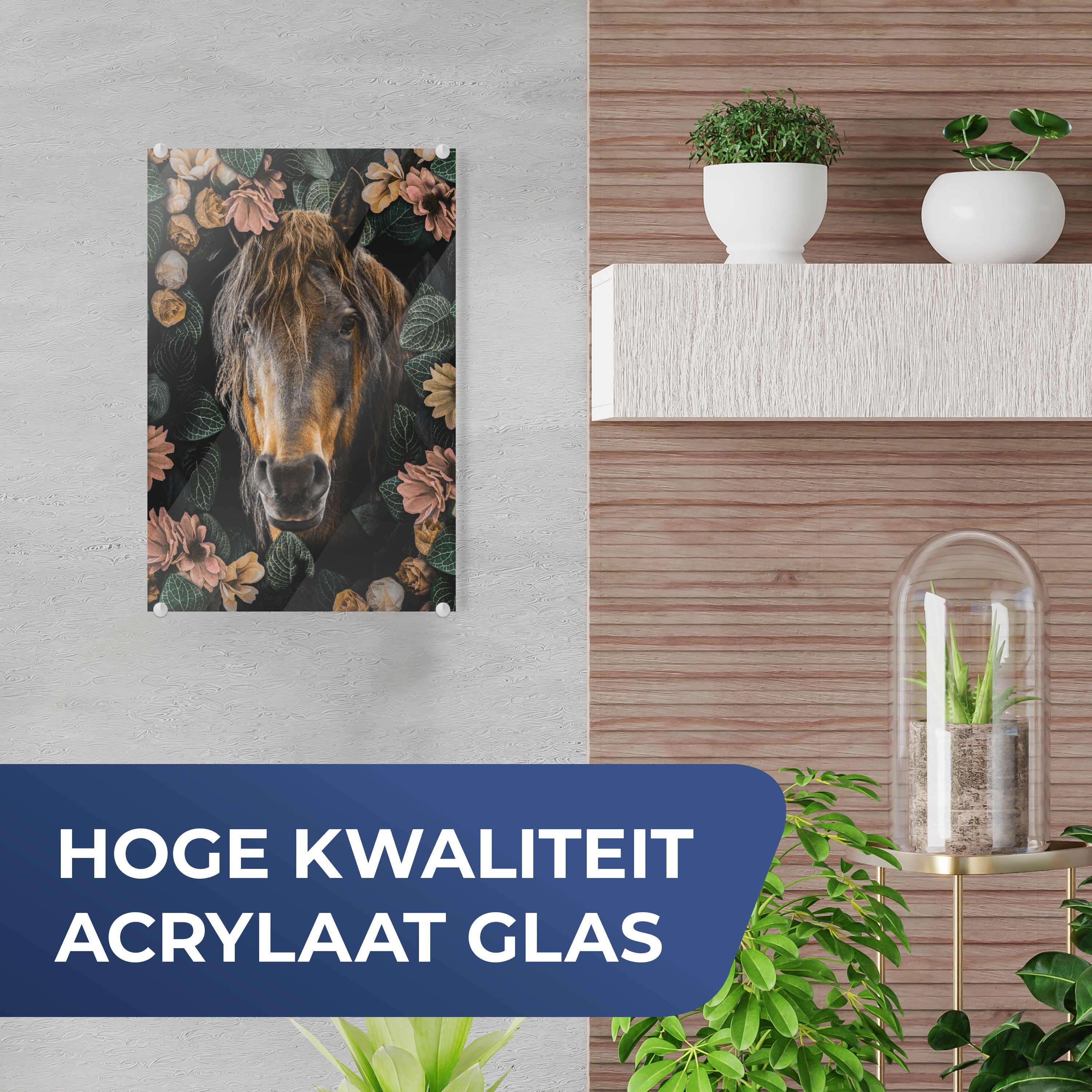 Foto Wandbild - auf - - Blätter, Glasbilder St), Acrylglasbild - MuchoWow Pferd Blumen bunt Glas Wanddekoration - Bilder Glas auf (1