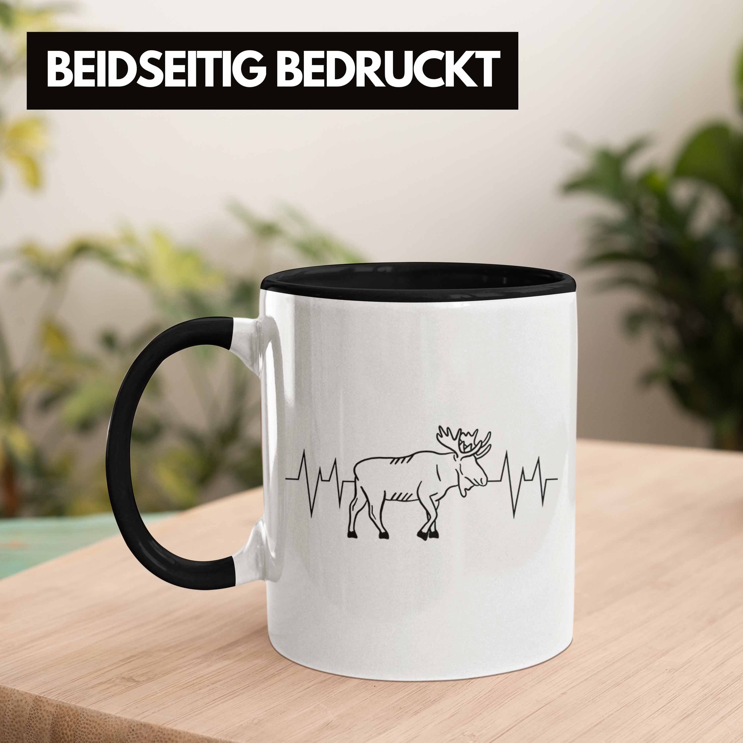 Trendation Tasse Elch Herzschlag Geschenk für Tasse Elchliebhaber Schwarz