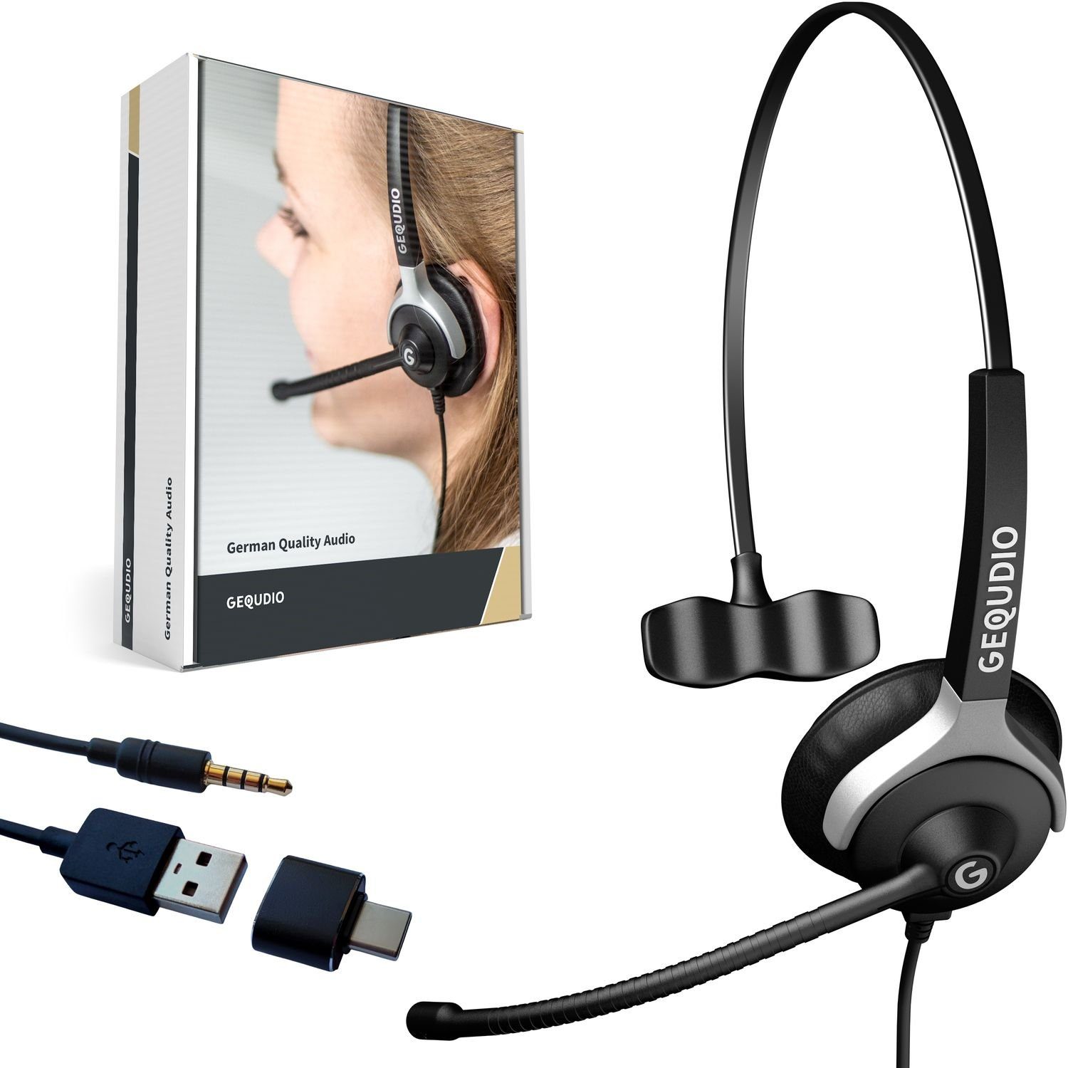 GEQUDIO für PC, (1-Ohr-Headset, für mit Wechselverschluss aus 3,5mm Federstahl, Endgeräte, USB-A, mehrere Smartphone Klinke leicht, Headset Anschlusskabel) Adapter und USB-C Mac und Bügel 60g inklusive mit