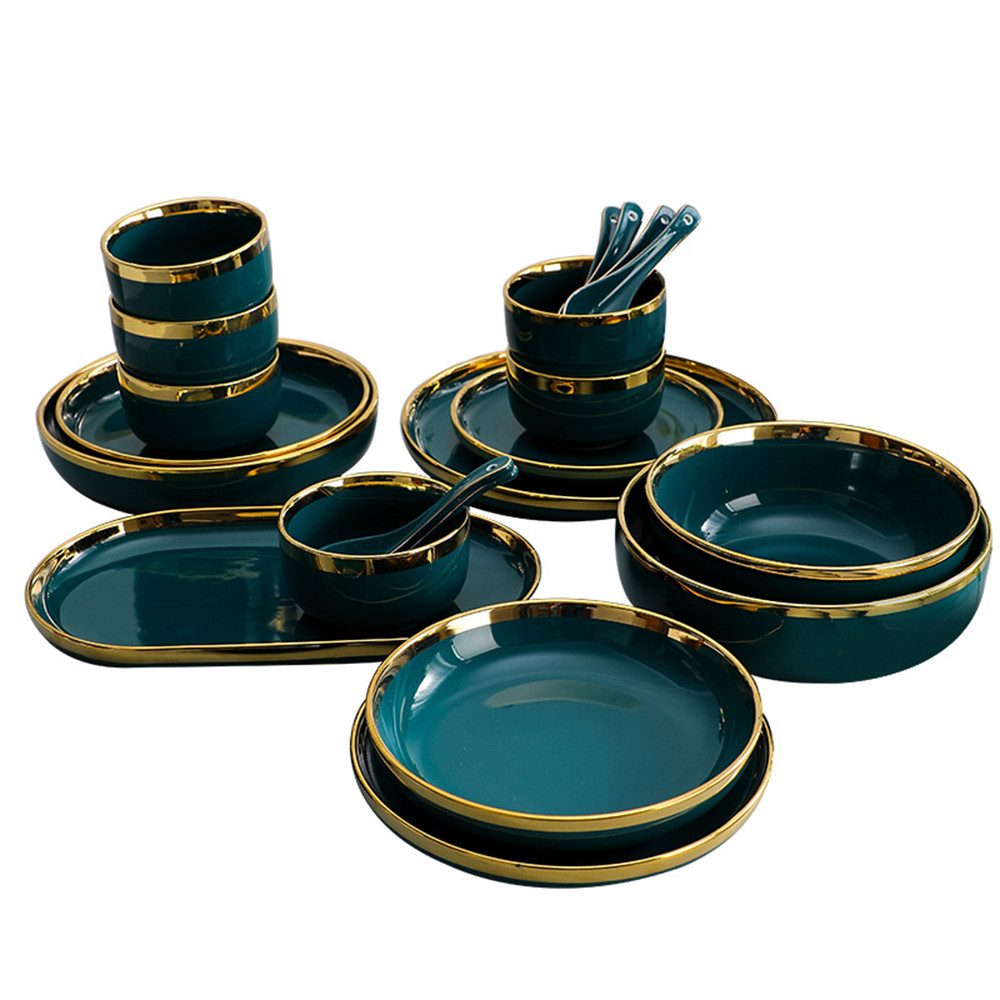Coonoor Tafelservice Teller Set Kaffeebecher Pastaschale 18 tlg, Geschirrset mit Gold Rand (18-tlg), 4 Personen, Spülmaschinenfest, mikrowellengeeignet, kratzfest,Premium Collection