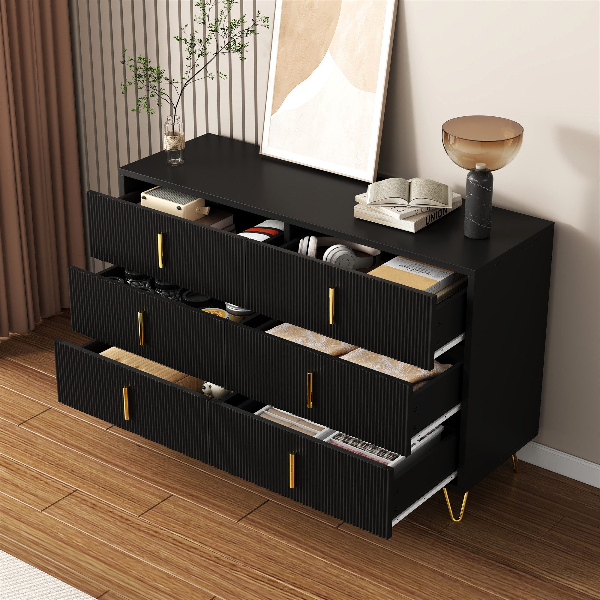 Merax Schubkastenkommode mit goldenen Griffe und Beine aus Metall (120x40x77 cm), Sideboard mit sechs Schubladen, Kommode, Aufbewahrungsschrank