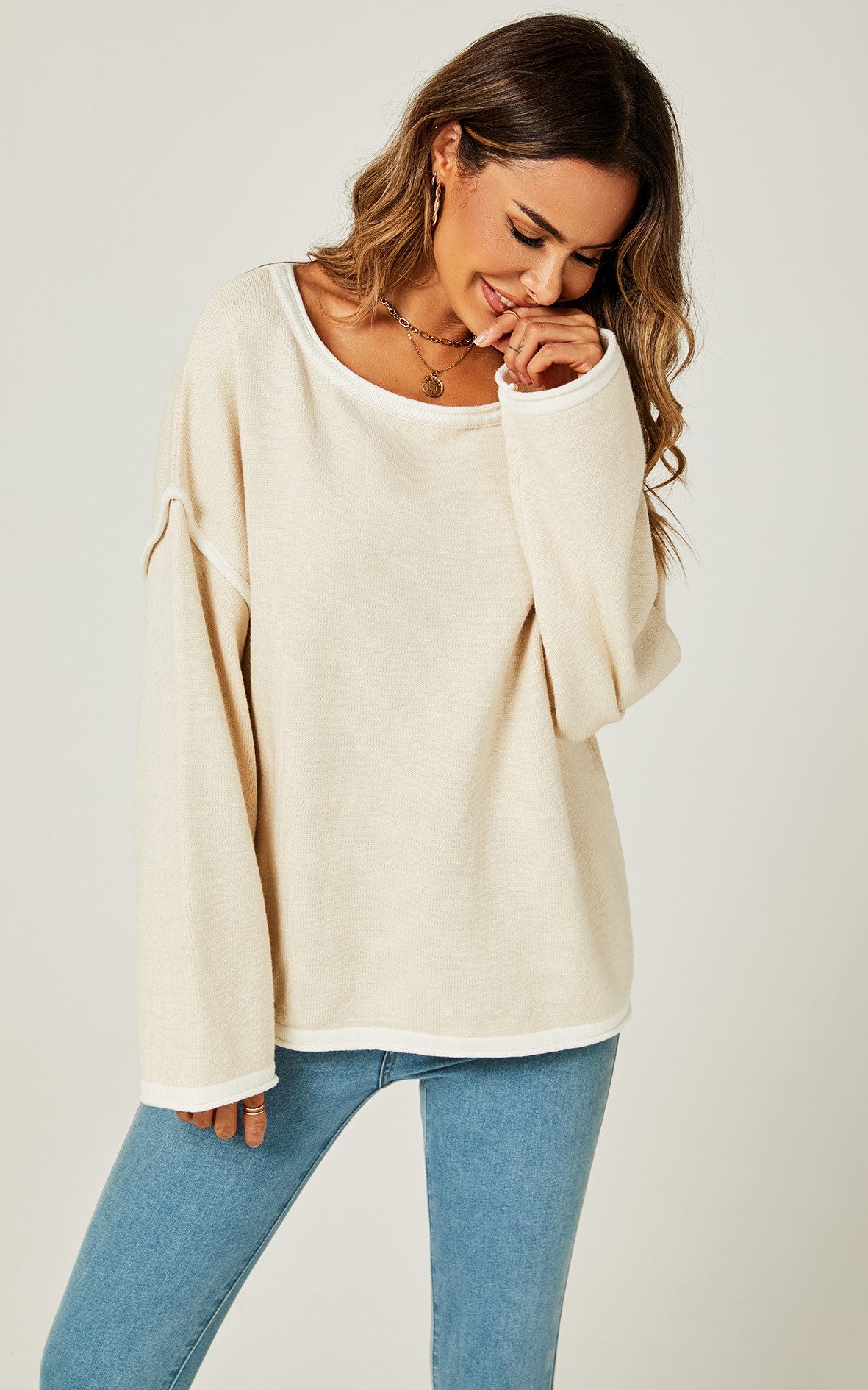 FS Collection Strickpullover Trendiges Oversize Pullovertop Pulloveroberteil – Damen Strick (Einheitsgröße: UK 8–16 / EU 36–44, 4 Farben: Marineblau, Beige, Schwarz und Khakigrün) 85 % Acryl, 15 % Polyester