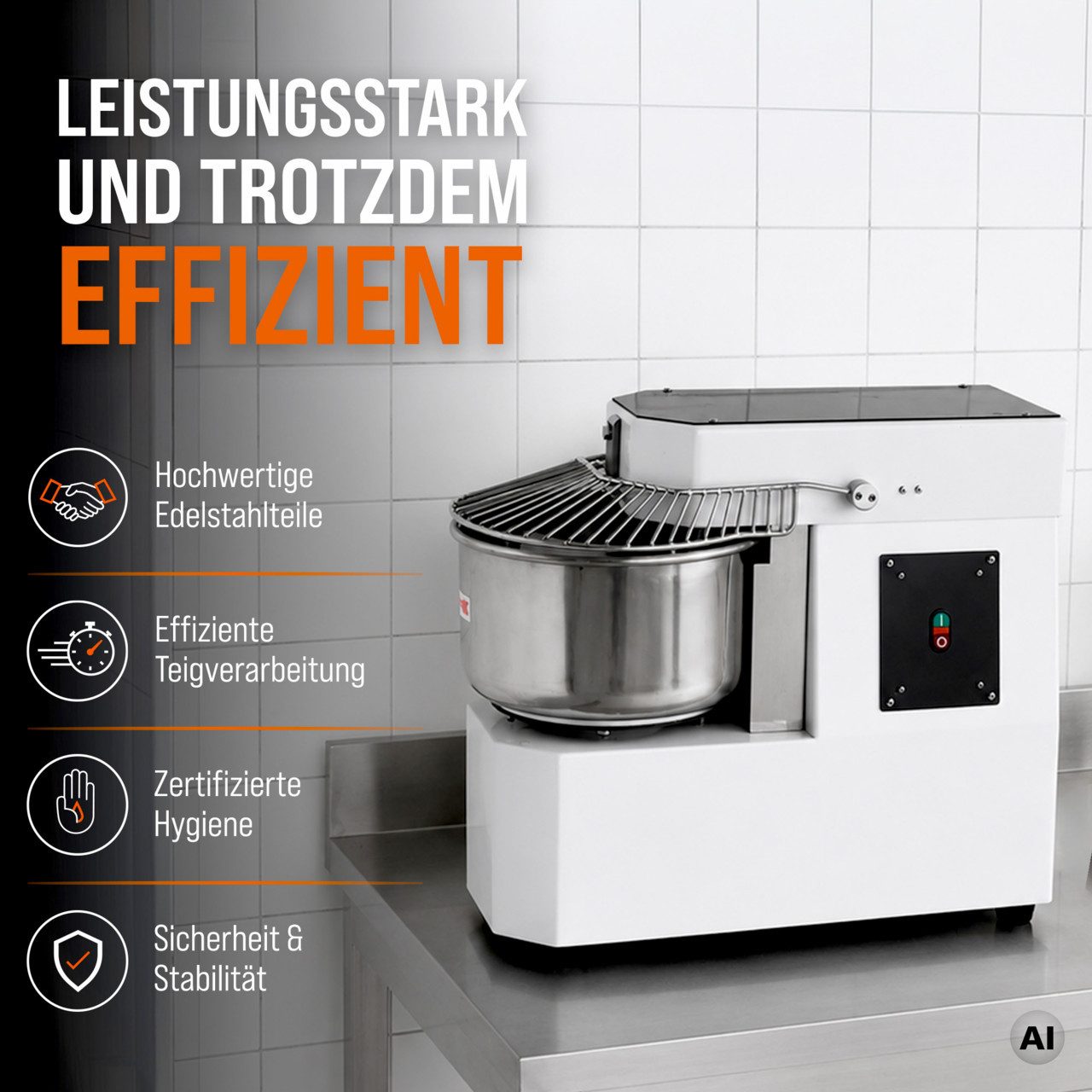 GastroHero Küchenmaschine Spiralteigknetmaschine ECO 20 Liter 230 V fester Kopf Edelstahl, 1100 W, 20 l Schüssel, Europäische Hygienevorschriften, robuster Teig – Bild 3 von 5