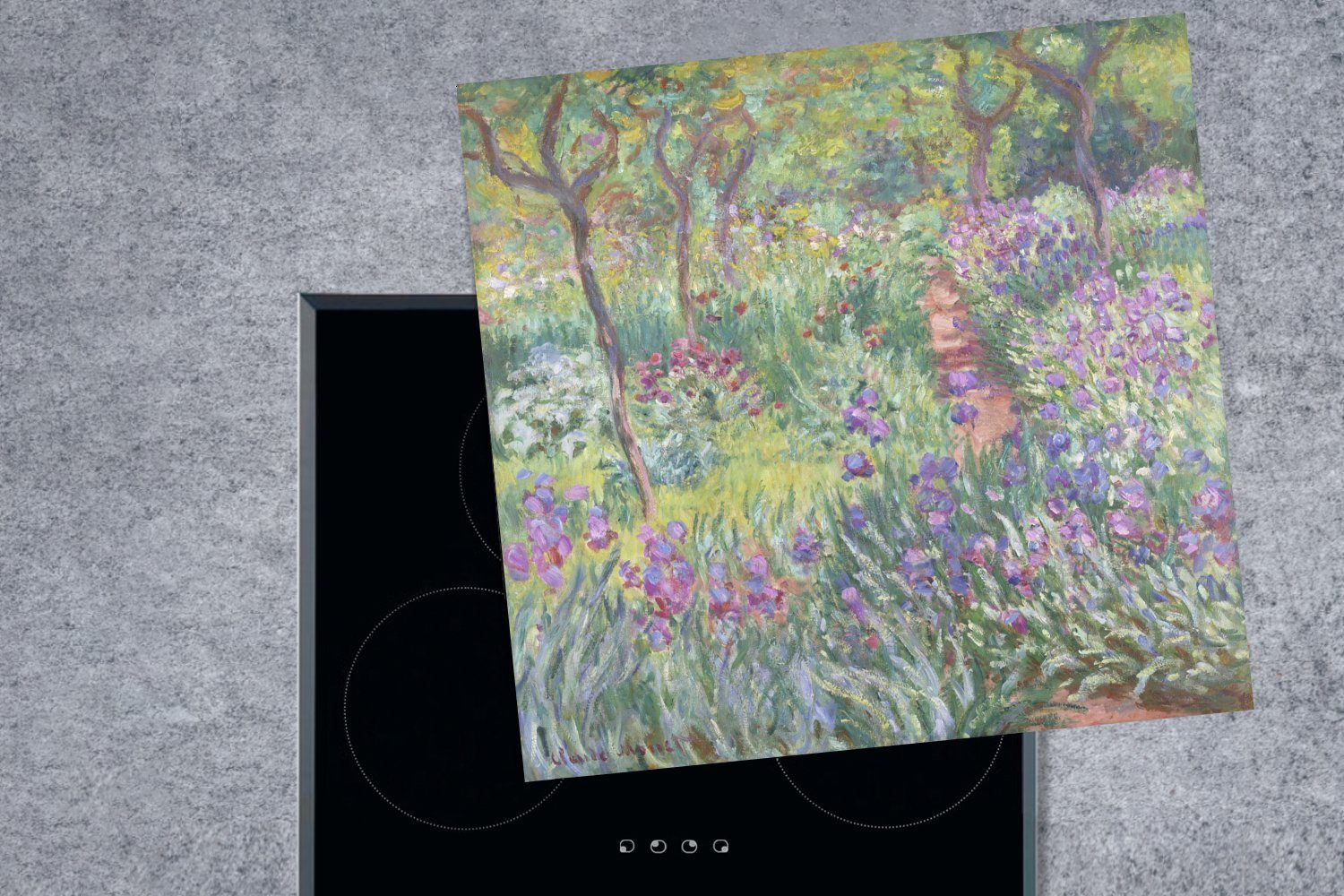 des - Künstlers Garten Herdblende-/Abdeckplatte cm, von (1 Gemälde küche in Arbeitsplatte Monet, Giverny Vinyl, 78x78 Der Ceranfeldabdeckung, MuchoWow für tlg), Claude