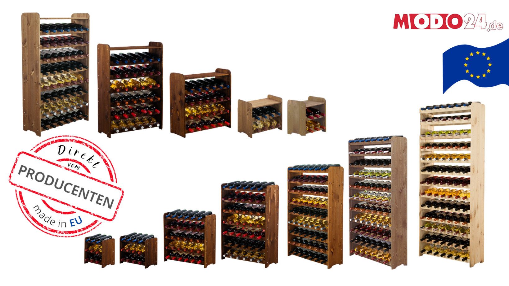 Modo24 Weinregal Flaschenregal Holzregal Flaschenständer Varianten 9 bis 91 Flaschen, (RW31) Getränkeregal, 3 Farben, FSC Holz Nachhaltig