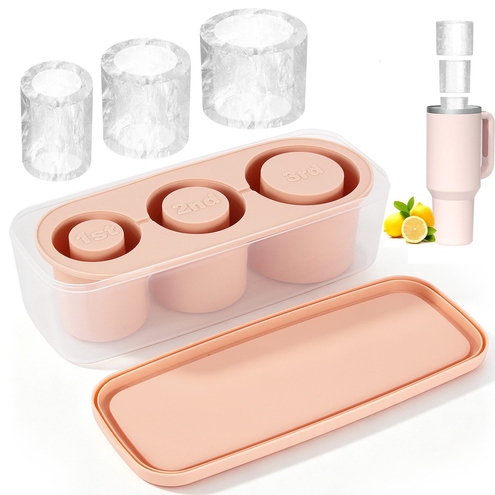 BlingBin Eiswürfelform 3 Fach Eiswürfelbehälter Silikon mit Deckel, Stanley Cup Eiswürfel, (1er Set 1-tlg), Wiederverwendbare Eiswürfelschale für 20-40 oz, Cocktails, Whisky