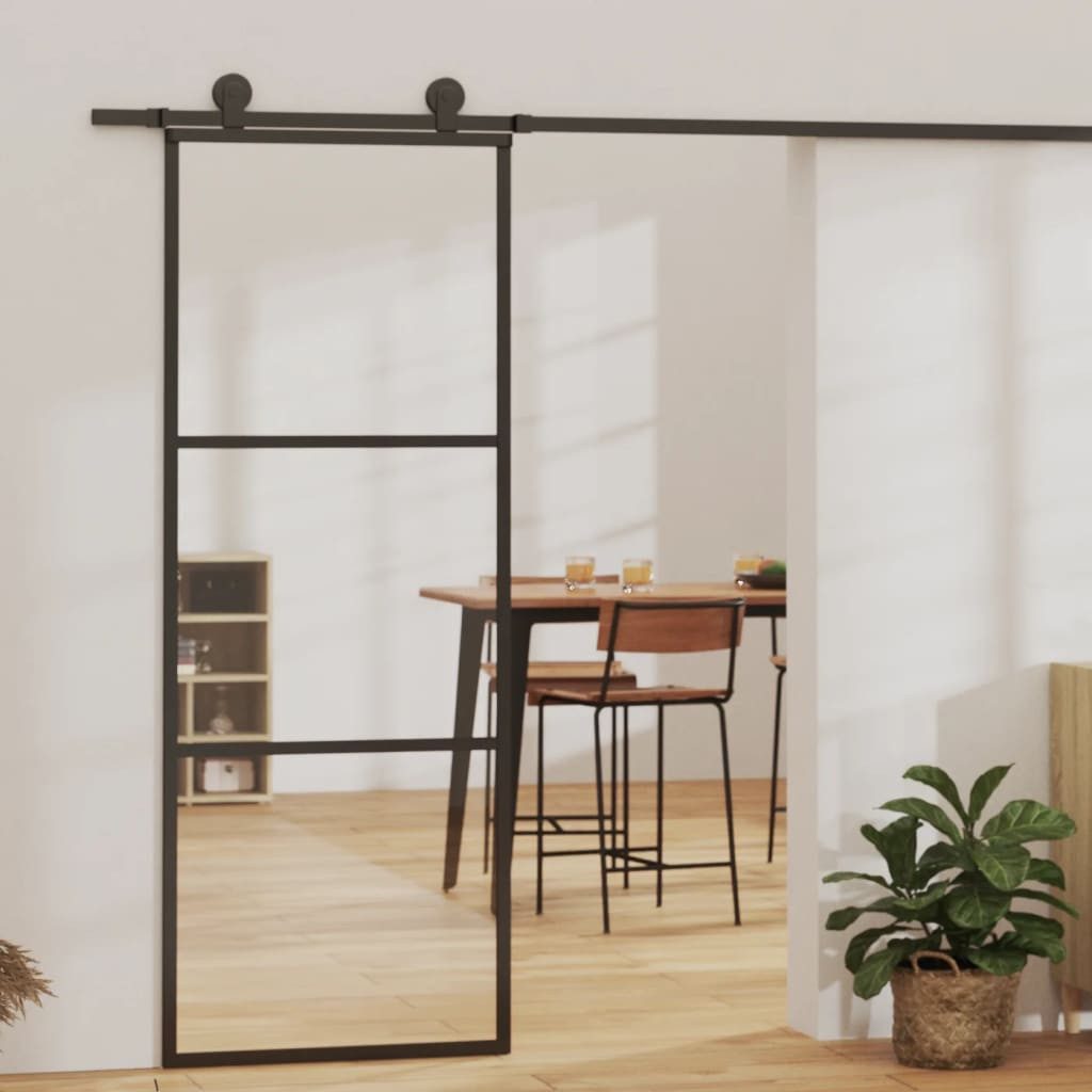 furnicato Schiebetür ESG-Glas Aluminium 76x205 cm Transparent Schwarz, Geräuschlose Glasschiebetür mit Soft-Stopp und stabilem Beschlagset