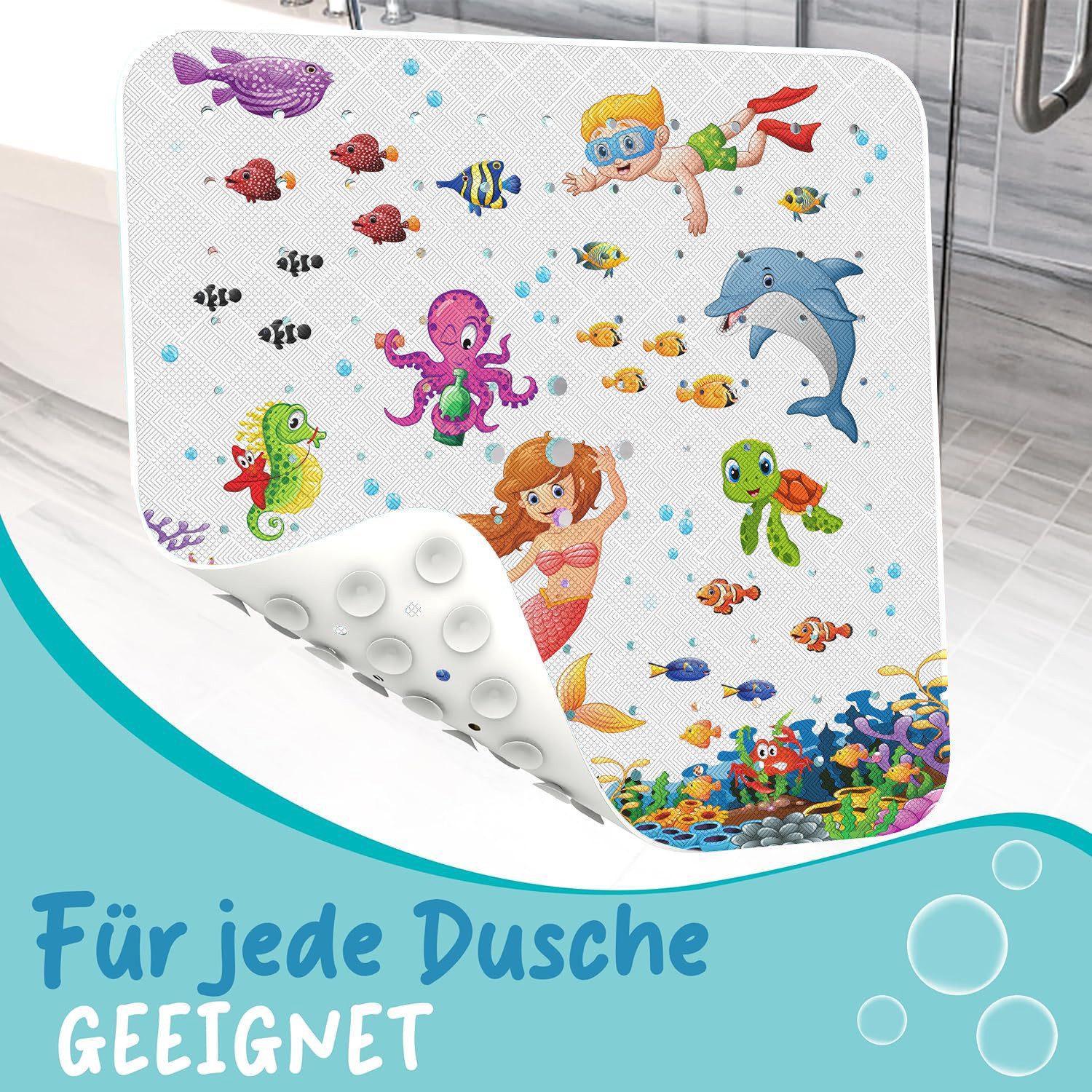 Delluxia Duscheinlage Duschmatte rutschfest speziell für Kinder, B: 53 cm, L: 53 cm, inkl. Aufhängung, geruchsfrei, schimmelfrei, ohne Weichmacher