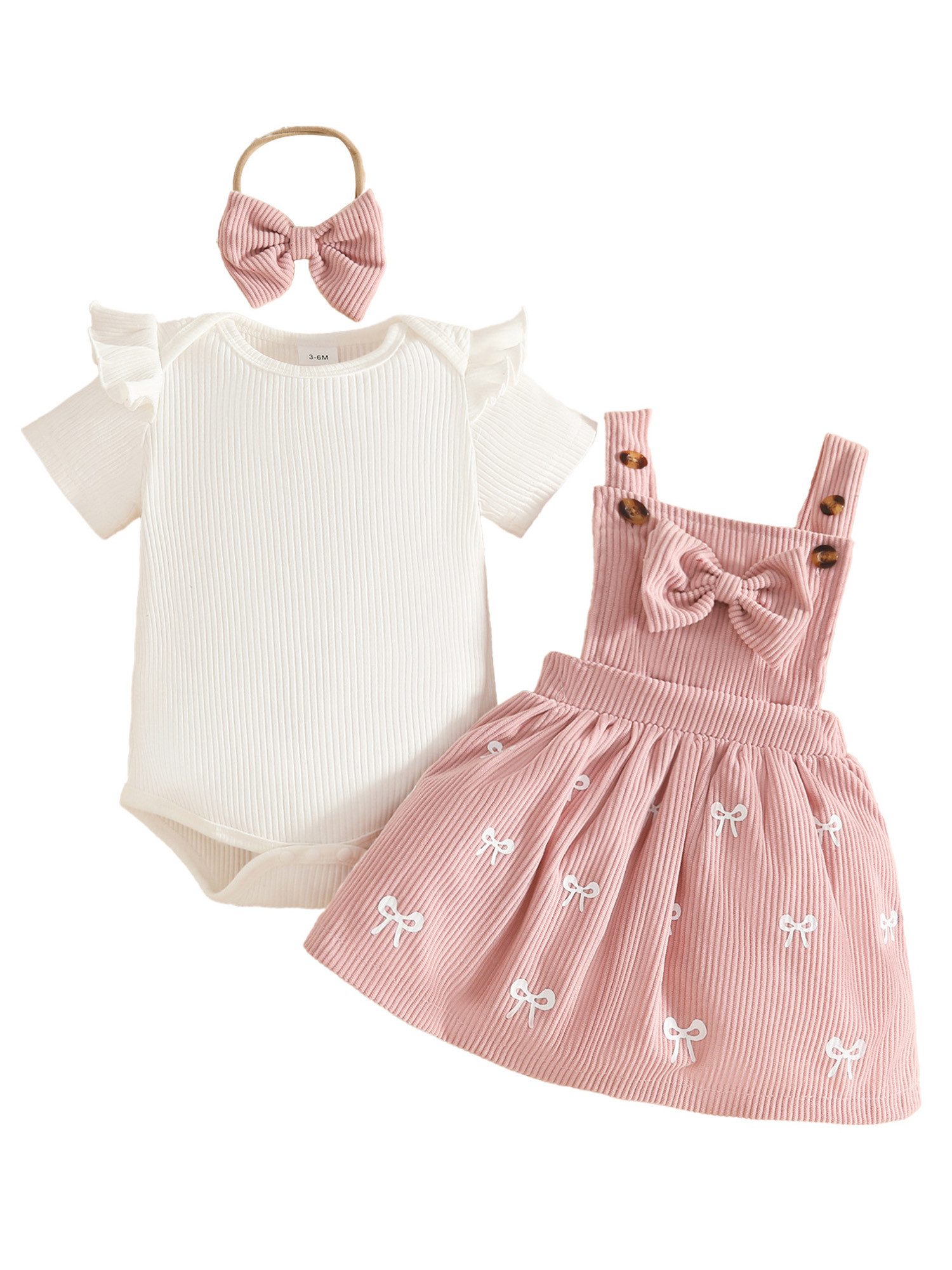 Gluckids 2-in-1-Kleid Sommeroutfit für Babymädchen, Bodysuit, Cord-Latzkleid, Stirnband (Set, 3-tlg) Ein süßes Outfit, für Partys, Hochzeiten, Fotoshootings, als Geschenk