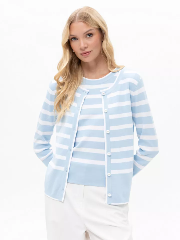 Passioni 2-in-1-Strickjacke Twinset mit hellblauen Streifen Perlenknöpfe