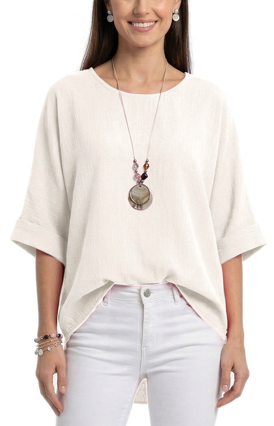 dy_mode Kurzarmbluse Damen Bluse Oversize Tunika Leichte Viskosebluse Oberteil Einfarbig in Unifarbe, High-Low Saum, mit passende Kette