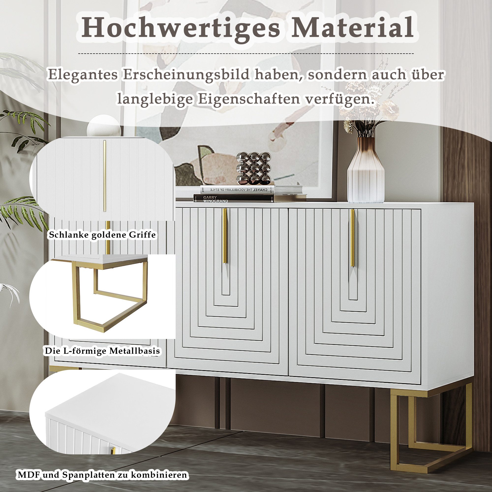 Merax Sideboard mit 3 Türen und verstellbaren Einlegeböden, Kommode mit Metallsockel,Anrichte,Buffet,TV-Schrank
