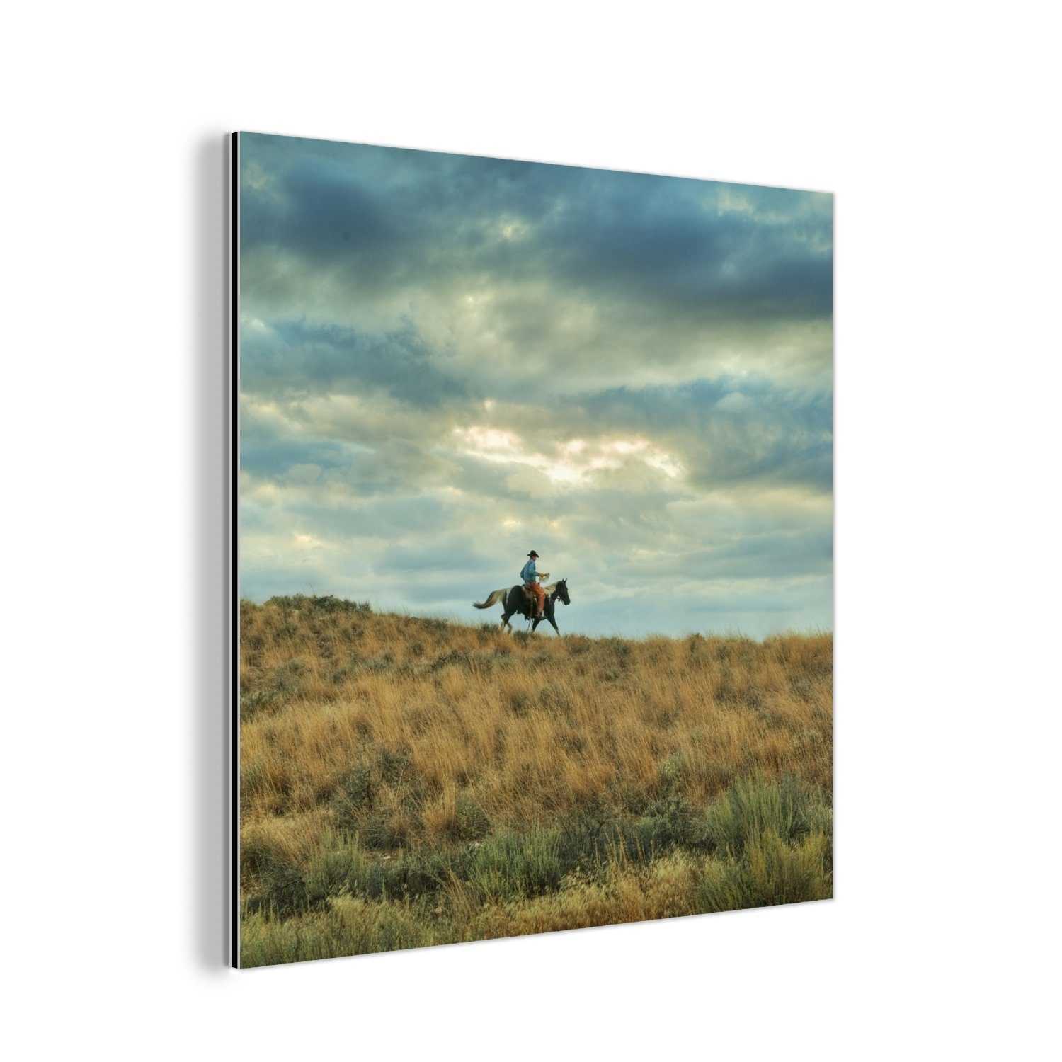 MuchoWow Metallbild Wanddekoration Metall Metallbild Wandkunst Pferd - Reiter - Wolken, (1 St)