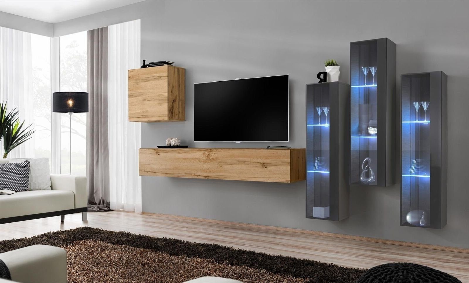 Xlmoebel Wohnwand Elegante Wohnwand aus Holz im zeitgemäßen Design, (6-St., 1x Wohnwand + 1x TV Ständer + 4x Wandschrank), Hergestellt in Europa