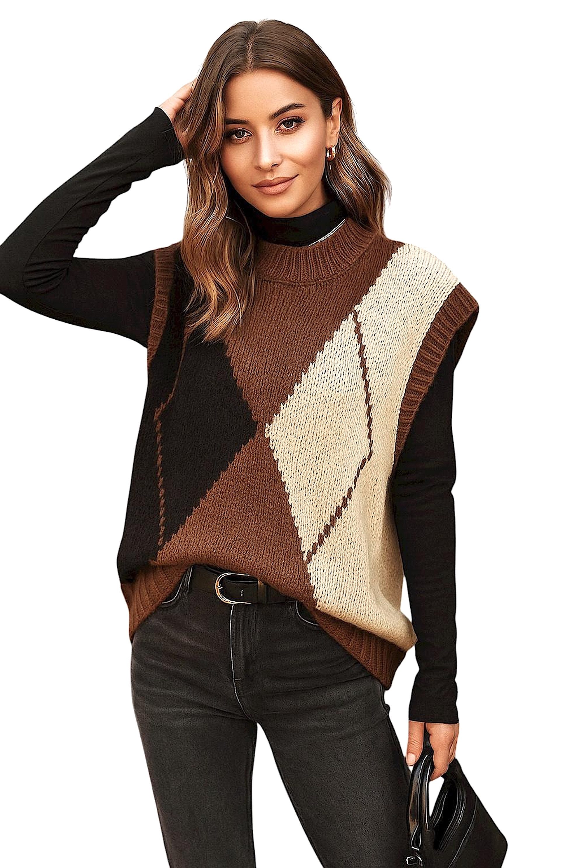 Worldclassca Pullunder WORLDCLASSCA Damen Strickpullunder Kariert Karo Muster Pulli Neue Kollektion - Stilvolle und gemütliche Strickmode für Damen