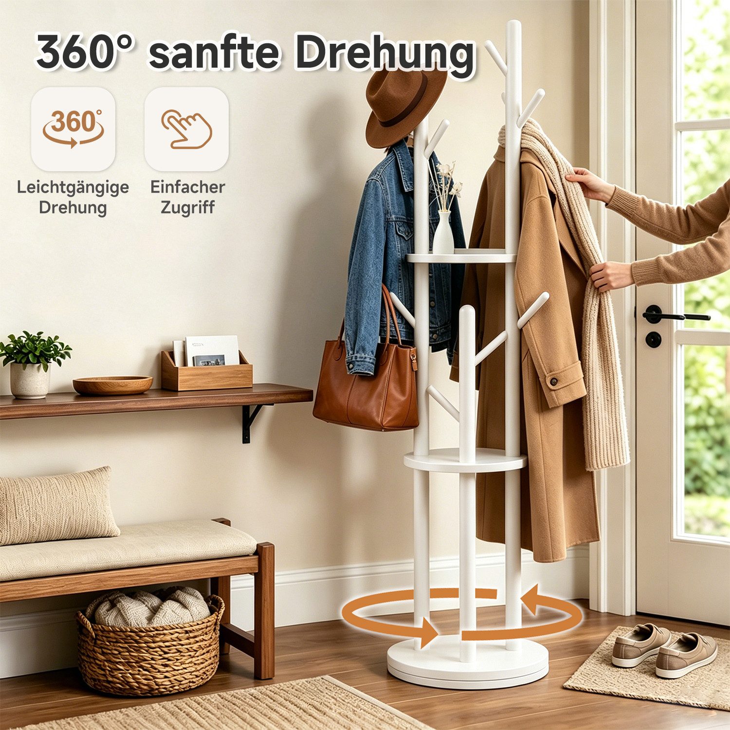 OSTWOLKE Garderobenständer Drehbarer Kleiderständer aus Massivholz mit 3 Ablage und 8 Haken, stabil & einfach zu montieren, für Flur, Schlafzimmer, 165×40×40 cm
