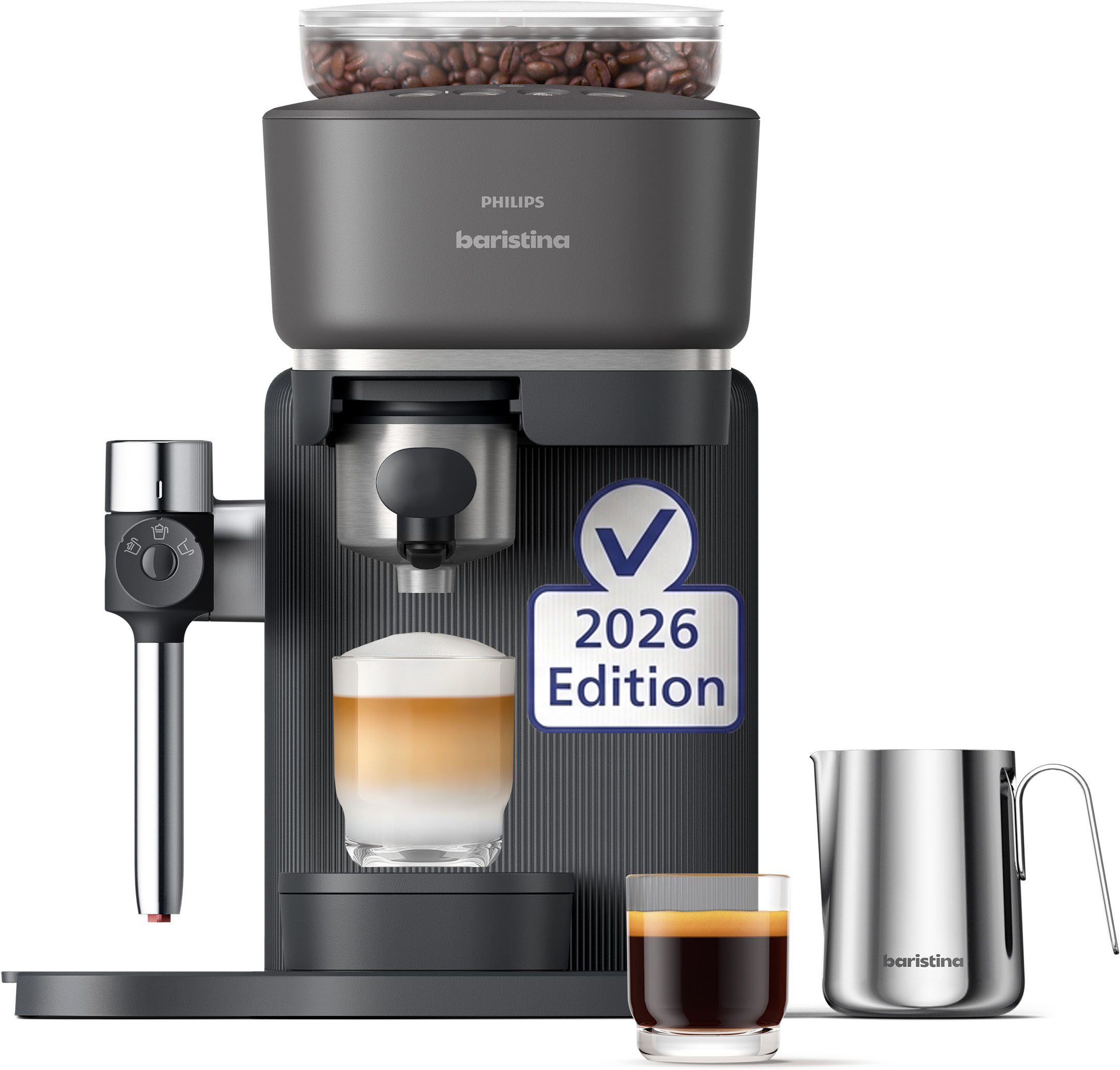 PHILIPS baristina Espressomaschine Latte BAR400/60 mit Mahlwerk für ganze Bohnen und Milchschaumdüse, 3 Schaumarten, 16 bar Pumpendruck, Schwarzgrau​