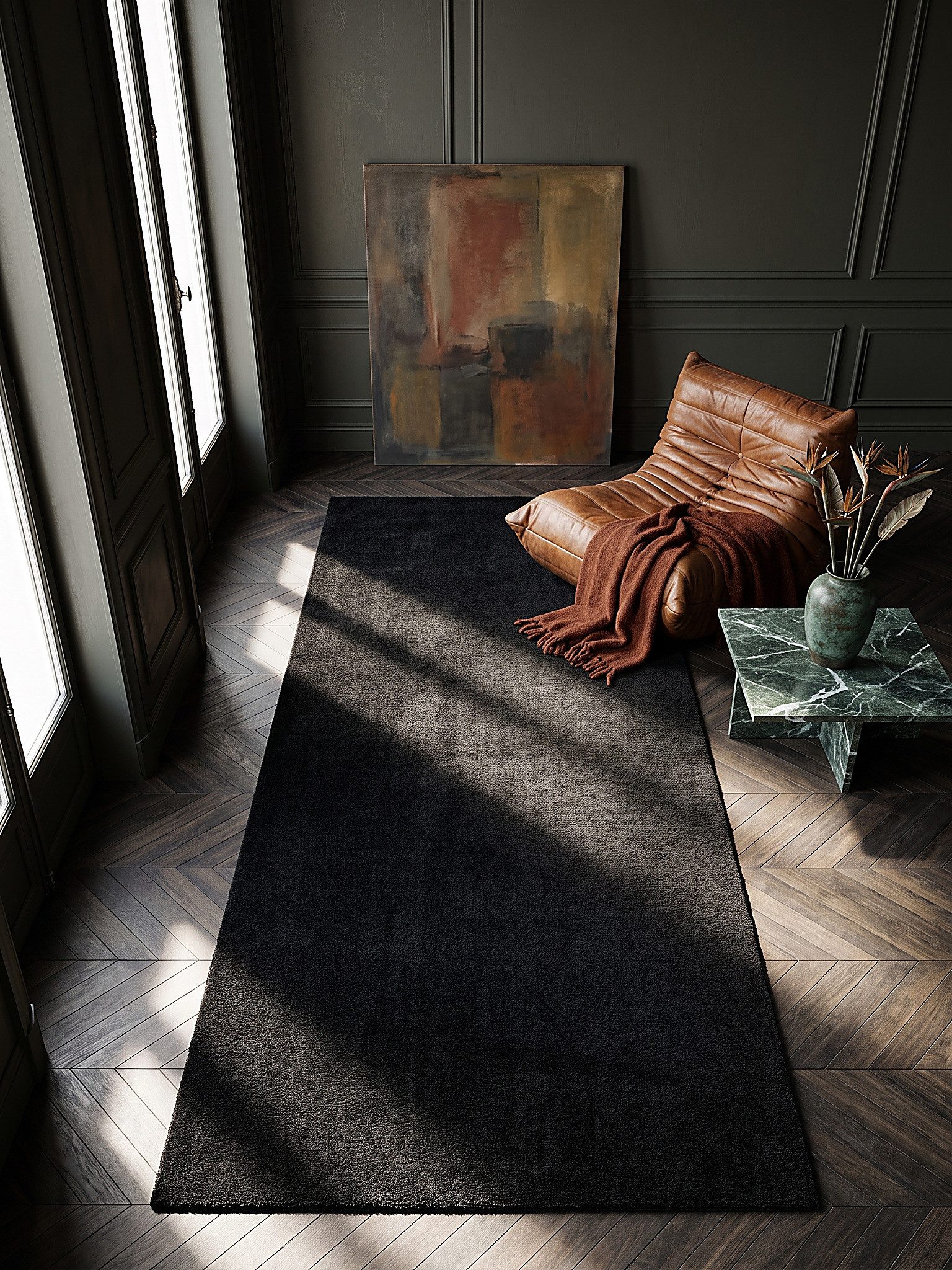 KADIMA DESIGN Teppich ALDAN Teppichläufer Schwarz 60x110 Uni Polyester Antirutsch Wohnzimmer, Läufer, Höhe: 18 mm, Trittschalldämmend, Strapazierfähig, Pflegele – Bild 3 von 5