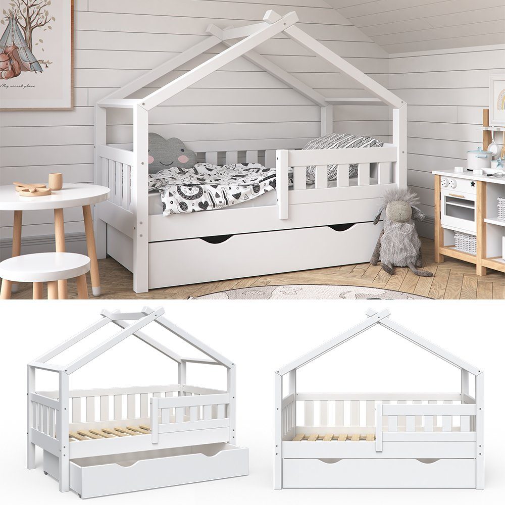 VitaliSpa® Hausbett Design, Weiß, 70x140 cm mit Schublade (2-tlg)