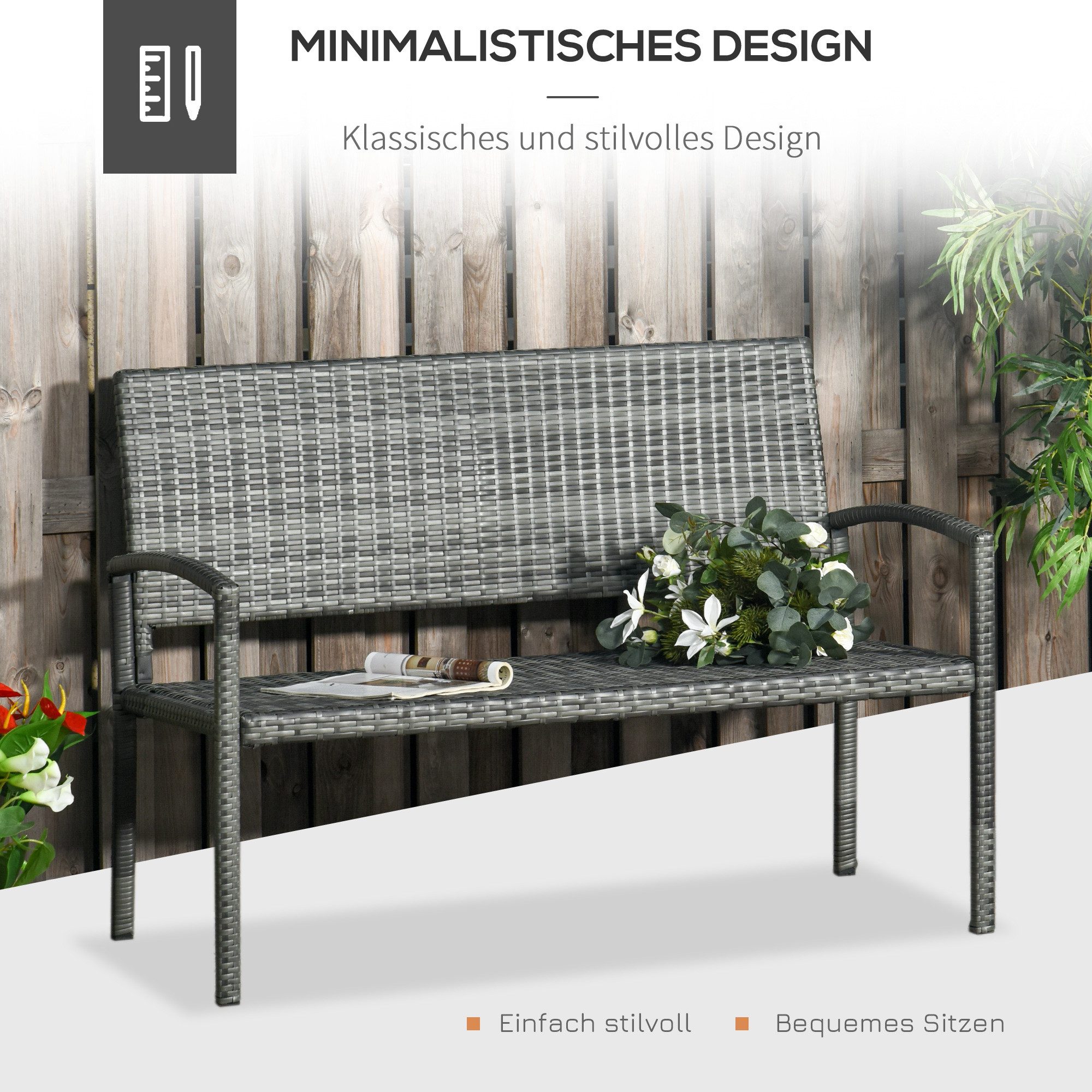 CHICFURN Gartenbank Zweiersitzige Balkonbank belastbar bis 320 kg für den Außenbereich (Packung, 1-St., Graue Gartenbank mit Rattanoptik und stabilem Stahlrahmen), Parkbank als praktisches Gartenmöbel für Terrasse und Balkon