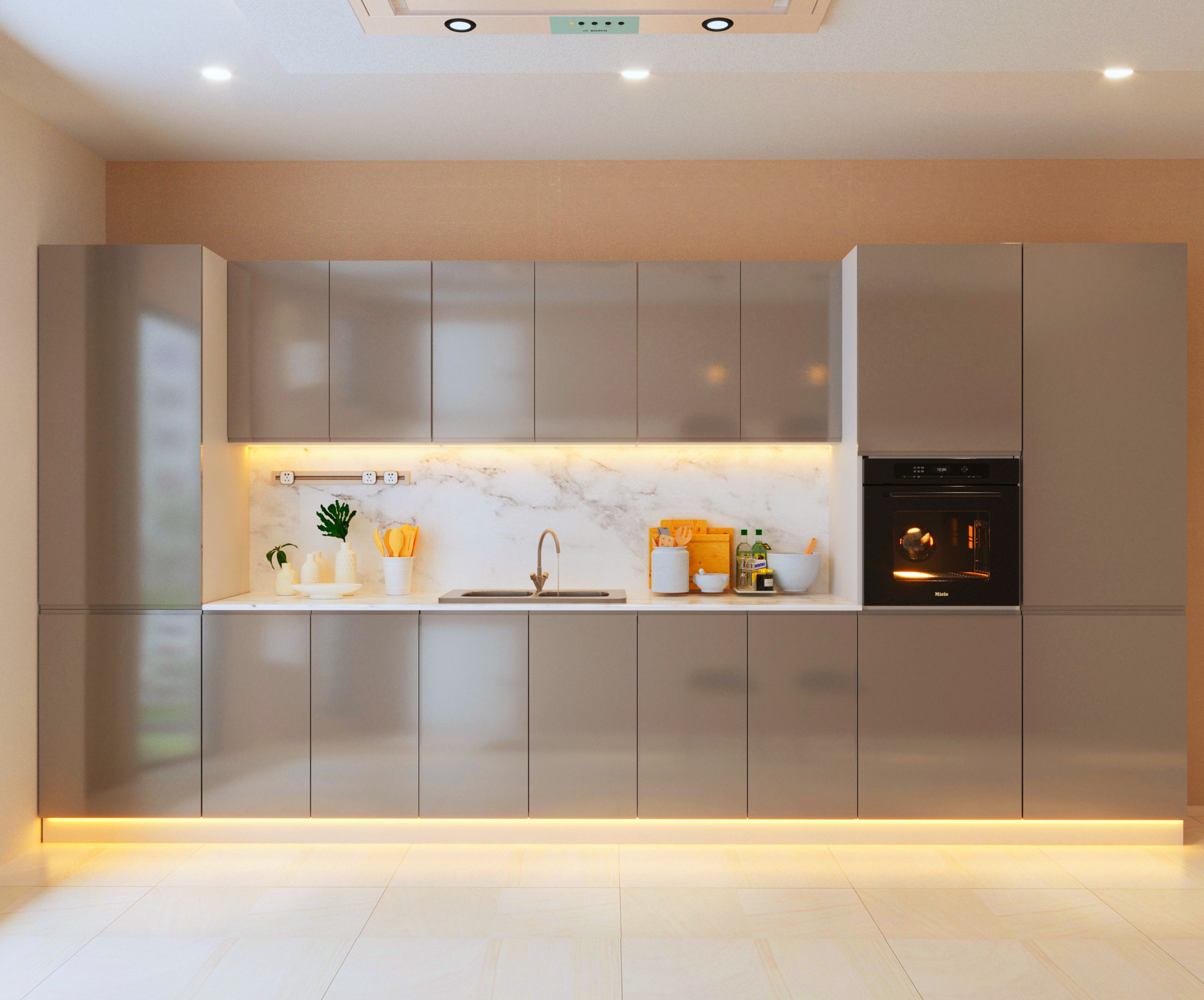 ROYAL24_MARKT Kücheninsel – KU-S13 – Aspen – Eleganz und Funktionalität in Hochglanz Weiß – Grau, (Komplett Set), Luxus – Edel – Zeitlos