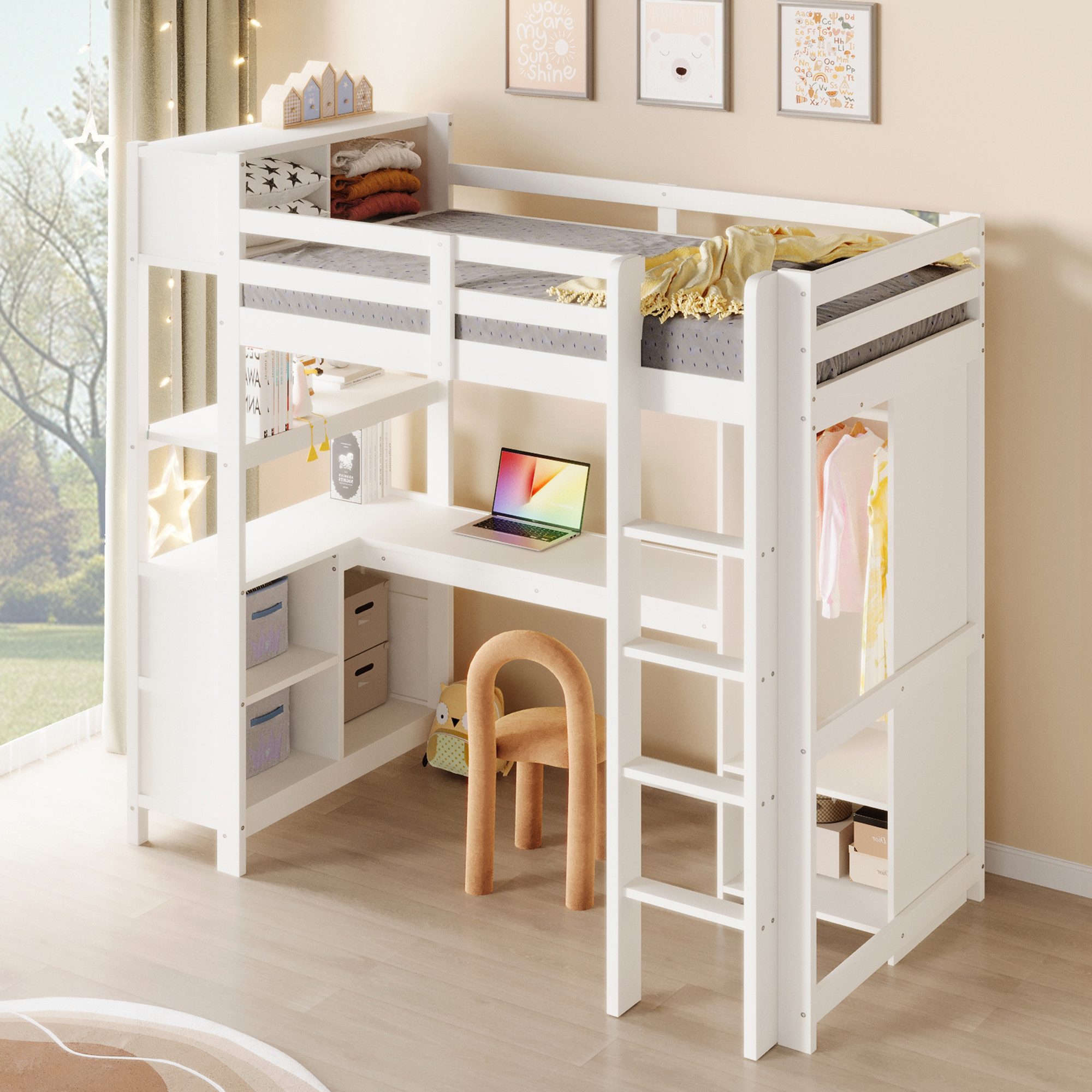 HAUSS SPOLE Hochbett 90x200 Jugendbett Einzelbett mit Schreibtisch und Kleiderschrank,Weiß (Holzbett Funktionsbett All-in-One-Design mit mehreren Ablagefächern) mit Schutzgeländer für Kinder ab 6 Jahren ohne Matratze