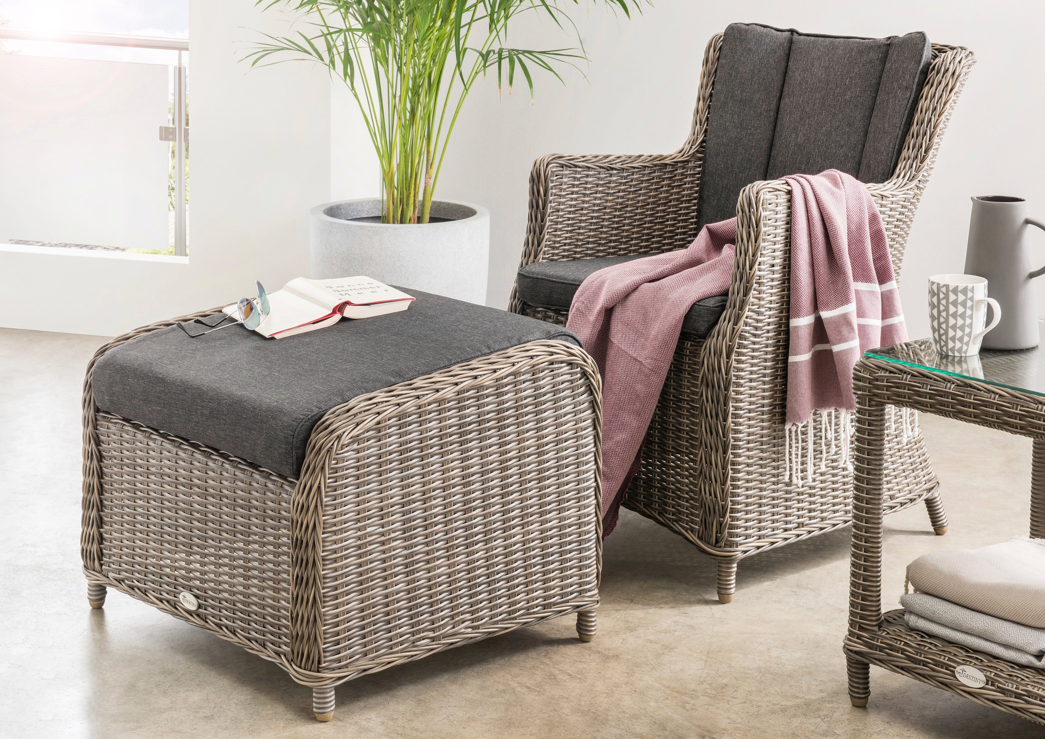 Destiny Gartenlounge-Set LUNA CASA, (4-tlg), Polyrattan, Sessel mit Fußhocker, inkl. Auflagen