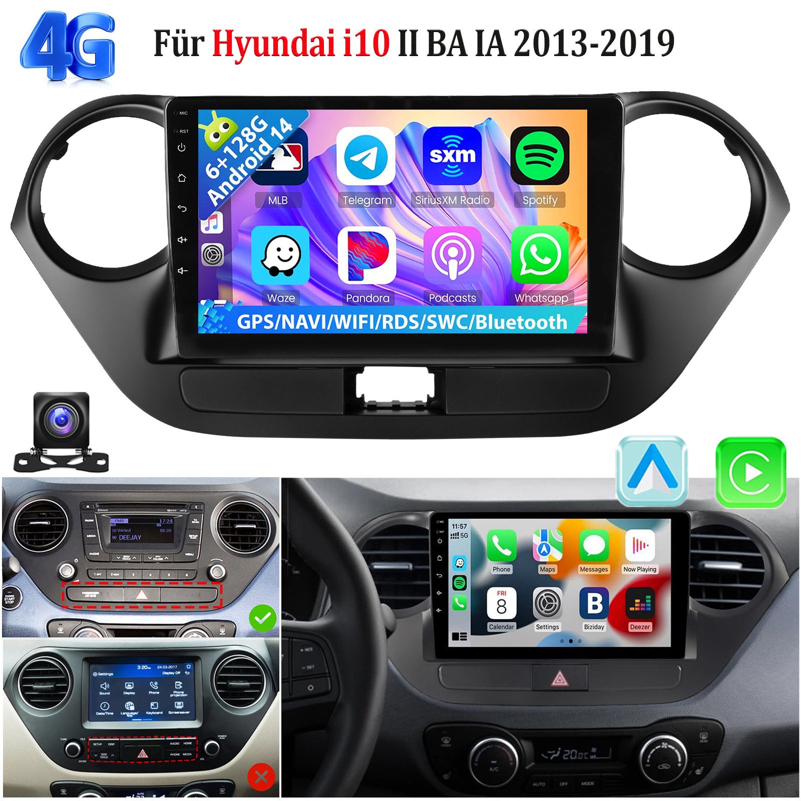 ESSGOO Autoradio 6+128G Android 15 CarPlay GPS Für Hyundai i10 II IA/BA 13-16 Autoradio (RDS, 6GB+128GB, 4G LTE, DAB (optional), FM, AM, DAB+ (optional), Carplay Android Auto Bluetooth EQ USB GPS Navi WIFI Touchscreen)