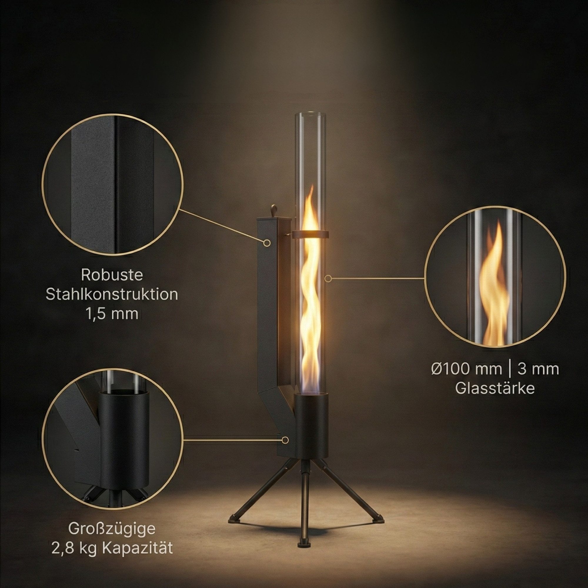 Albatros International Gartenkamin Pelletfackel Schwarz mit Glasrohr Rocket Stove Outdoor, (inkl. Glasrohr und Standfuß), Rocket Stove System lange Brenndauer b – Bild 5 von 5