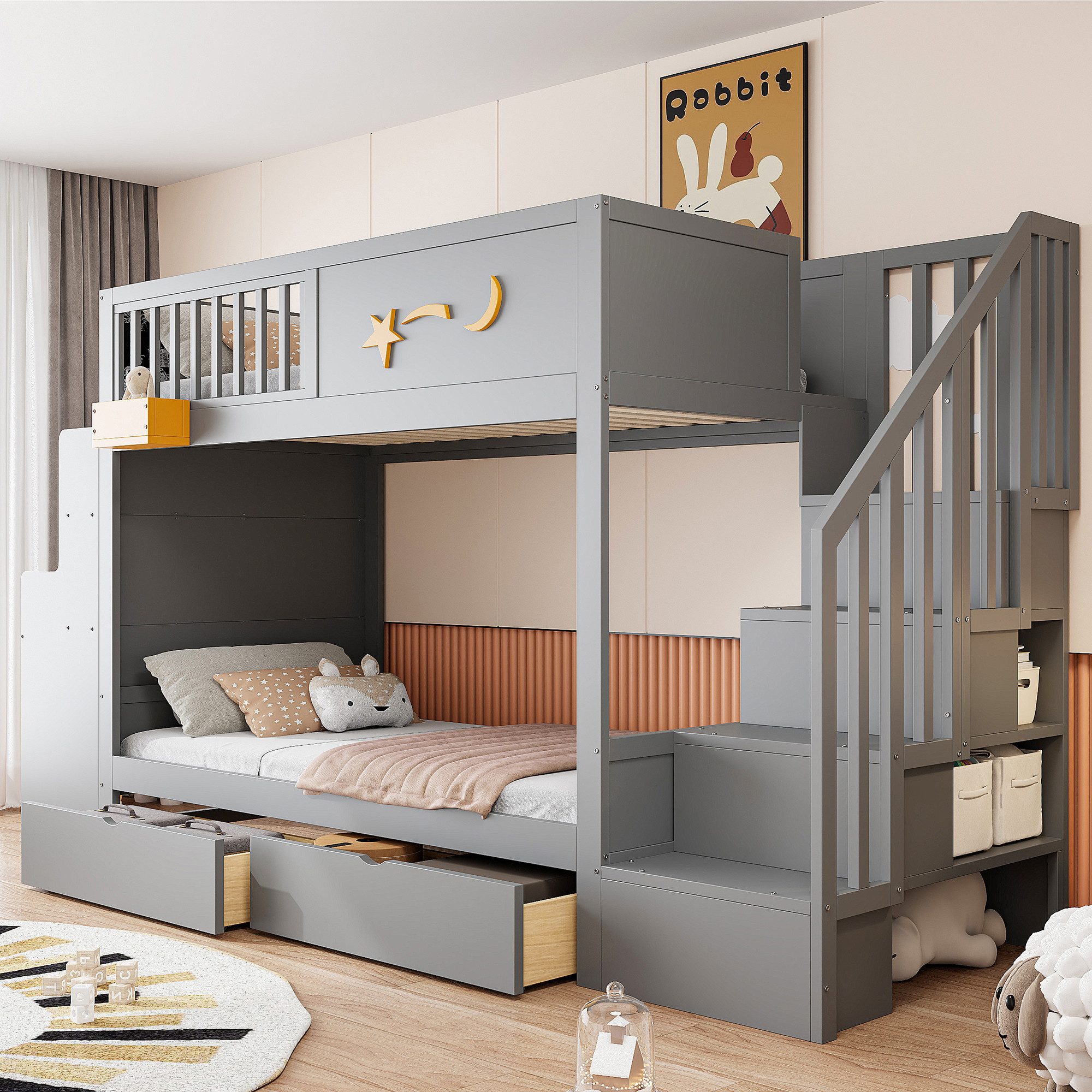 MODFU Etagenbett Sicherheitstreppe, Schreibtisch und Aufbewahrungsschubladen (Kinderbett Gästebett mit Sternenmotiv, Holzbett 90x200 cm), ohne Matratze