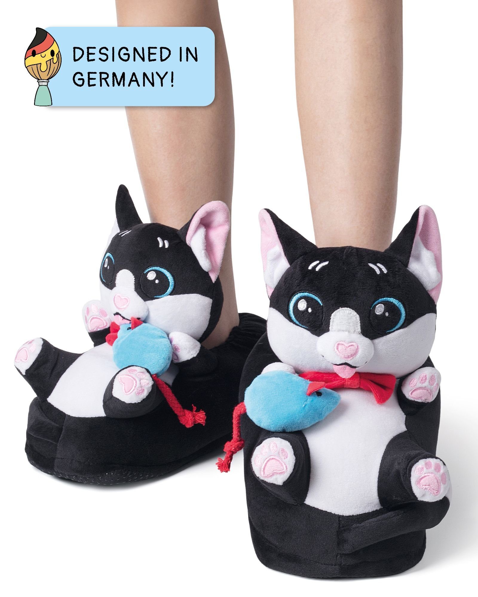 Corimori Katze Balou schwarz weiß, super warme Plüsch Hausschuhe (Packung, Geschenk) warme Tier-Pantoffeln Slipper, EU Einheitsgröße 34-44, Balou der Kater