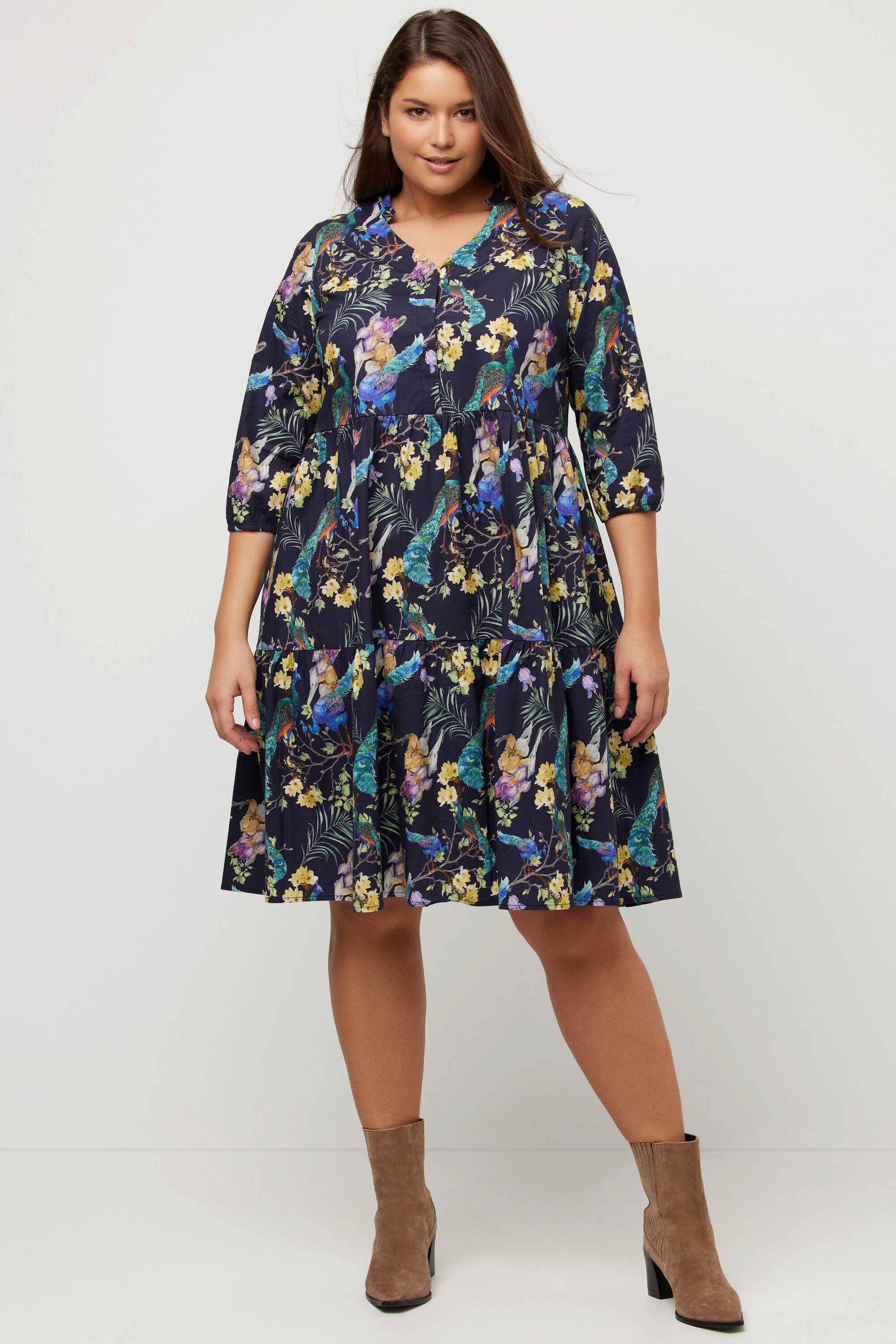 Jerseykleid Tunikakleid Pfauen A-Linie V-Ausschnitt 3/4-Arm