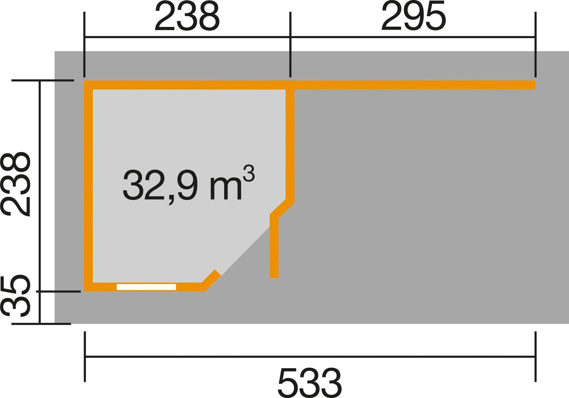 Rückwand weka Designhaus 213 mit und Gartenhaus BxT: 585x279 cm, (Set), Plus, Anbaudach