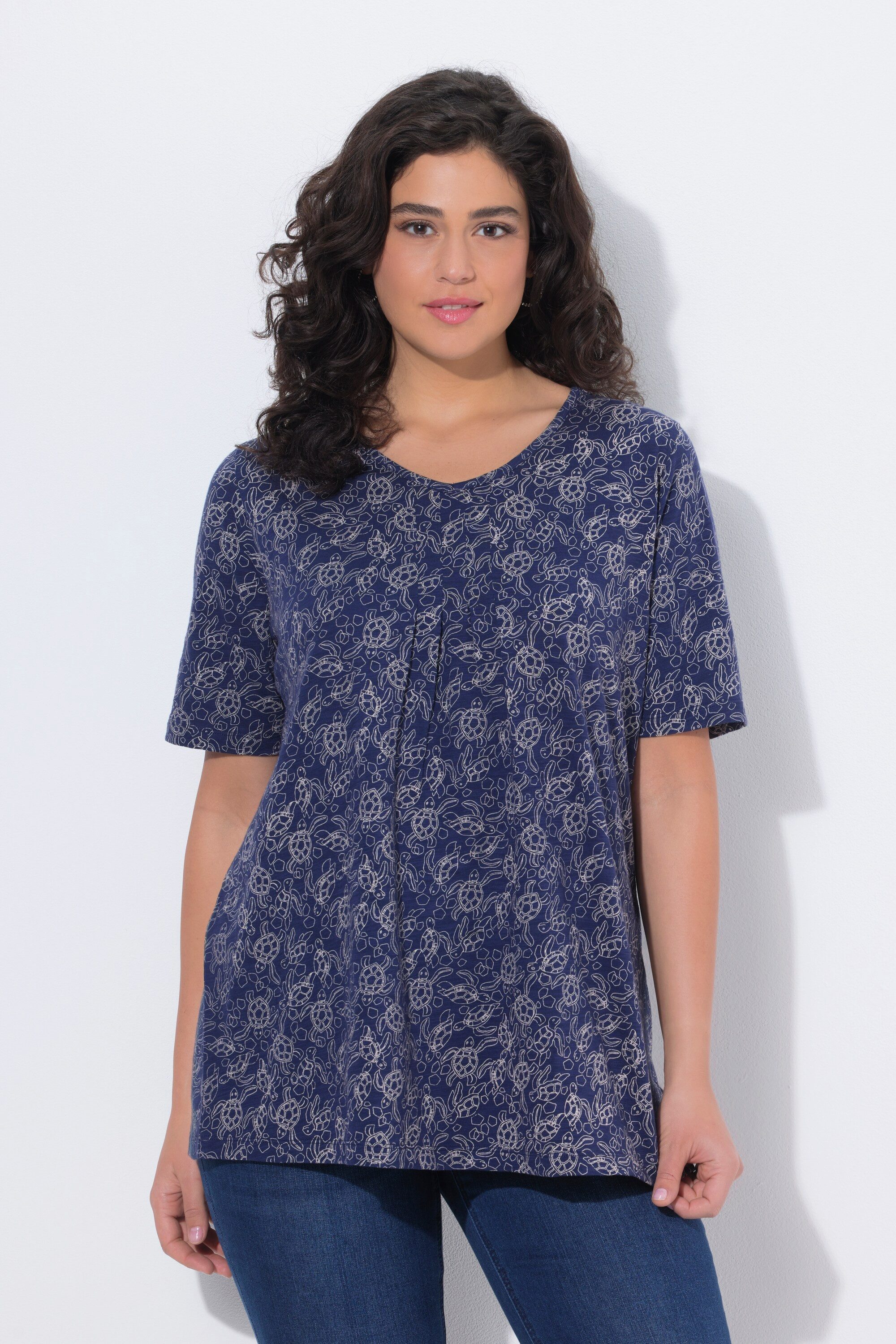 Ulla Popken T-Shirt T-Shirt Schildkröten A-Linie V-Ausschnitt Halbarm