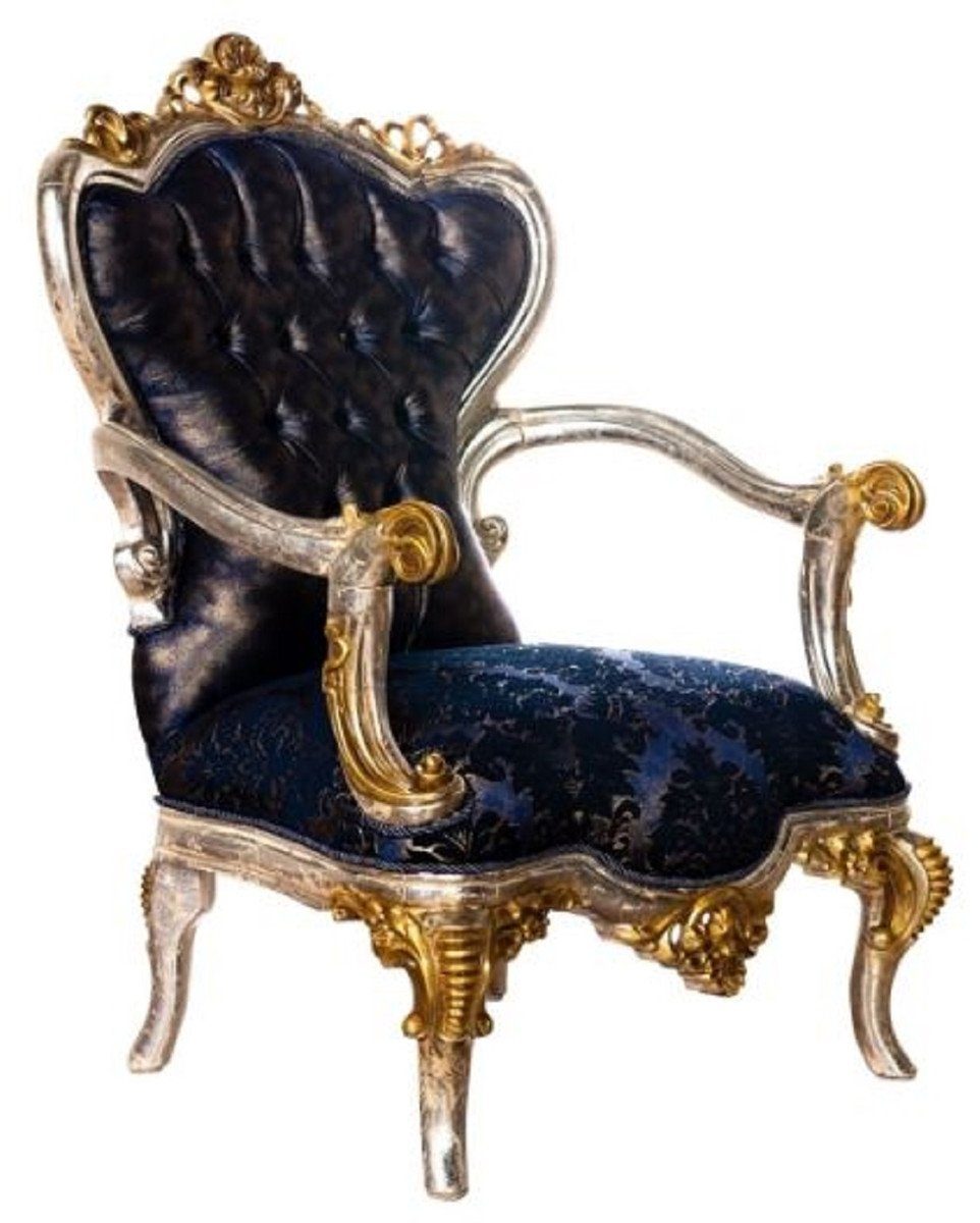 Casa Padrino Sessel Luxus Barock Wohnzimmer Sessel Royalblau / Schwarz / Silber / Gold - Prunkvoller Sessel mit elegantem Muster - Handgefertigte Barock Wohnzimmer Möbel