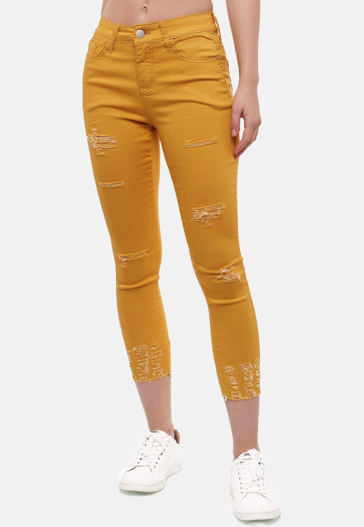 MiSS RJ Skinny-fit-Jeans Denim Jeans Hose Stretch Röhrenjeans Skinny Treggings Risse (1-tlg) 3279 in Gelb