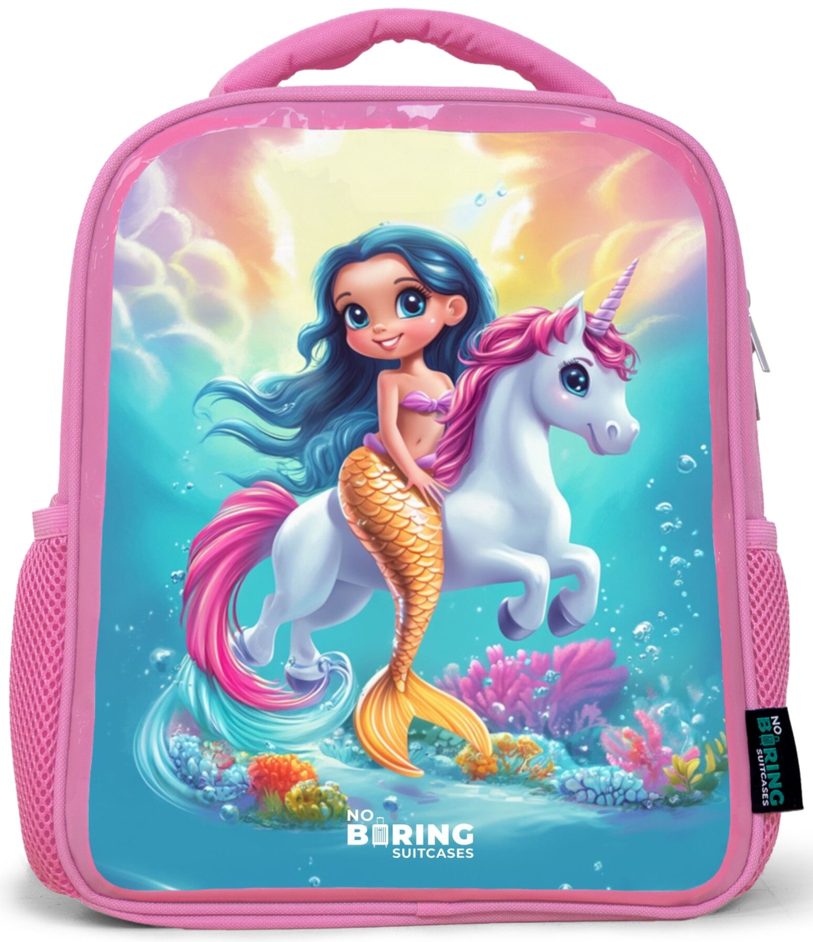 NoBoringSuitcases.com© Rucksack Rosa - Goldschwänzige Meerjungfrau mit weißem Einhorn, Kinderrucksack, Schulrucksack, Freizeitrucksack, Mädchen, Kindergarten