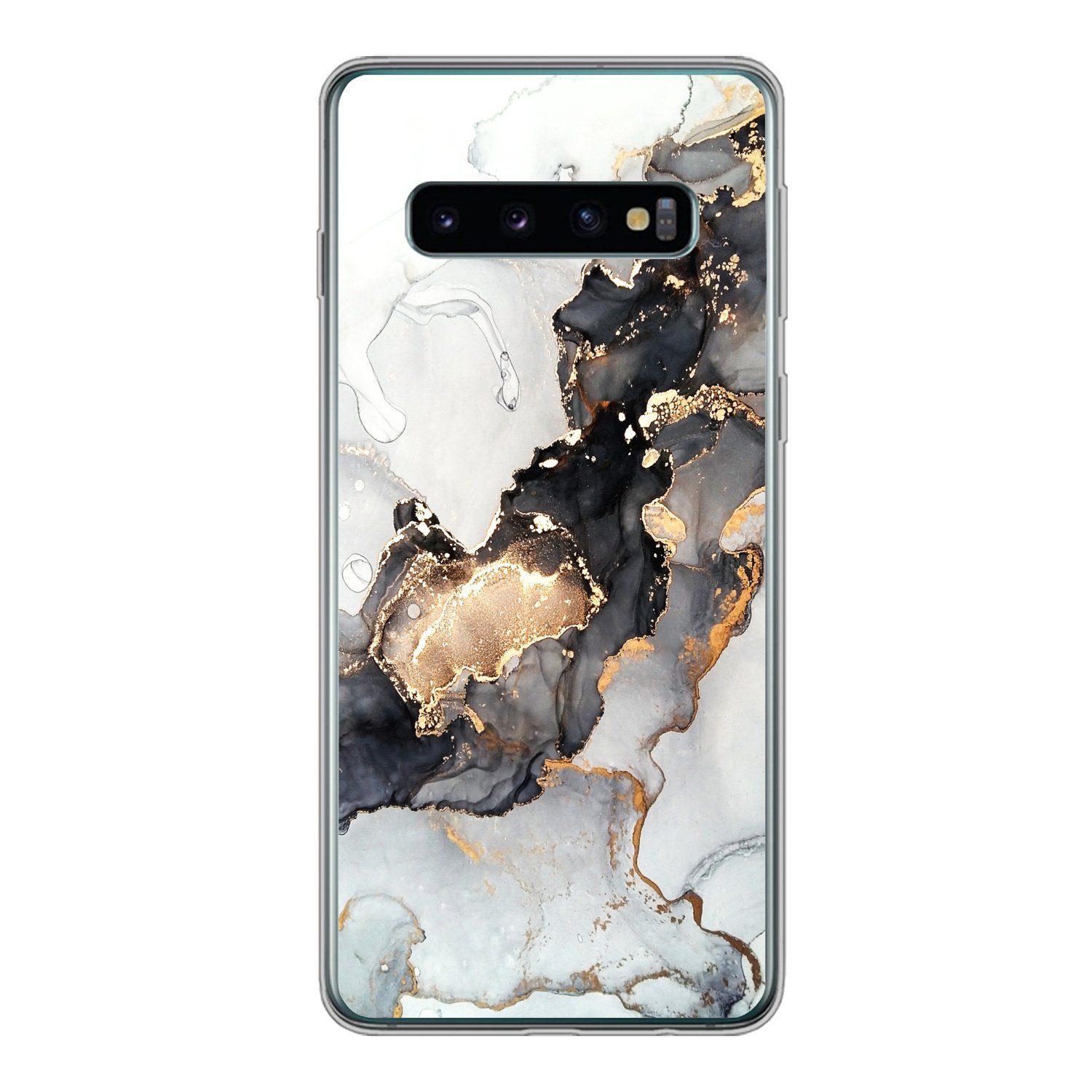 MuchoWow Handyhülle für Samsung Galaxy S10 Marmor - Schwarz - Weiß - Gold - Luxus - Abstra, Phone Case, Silikon, Schutzhülle Dünn