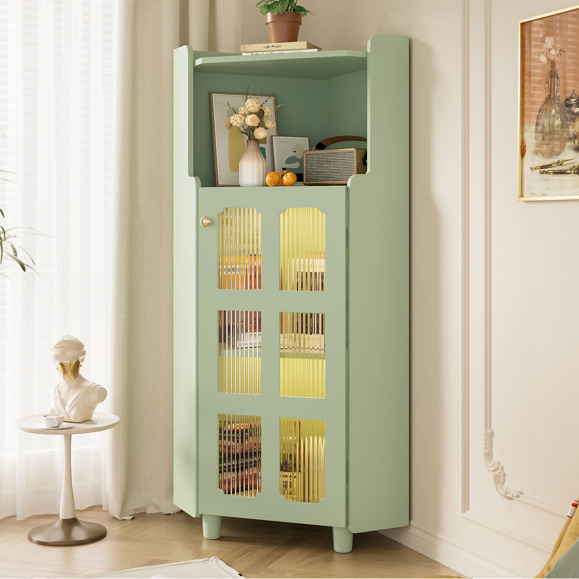 Flieks Eckschrank mit LED-Beleuchtung und Glastüren (1-St., B63,5x45x45xH124 cm) Mehrzweckschrank Hochschrank Badkommode Eckregal Grün