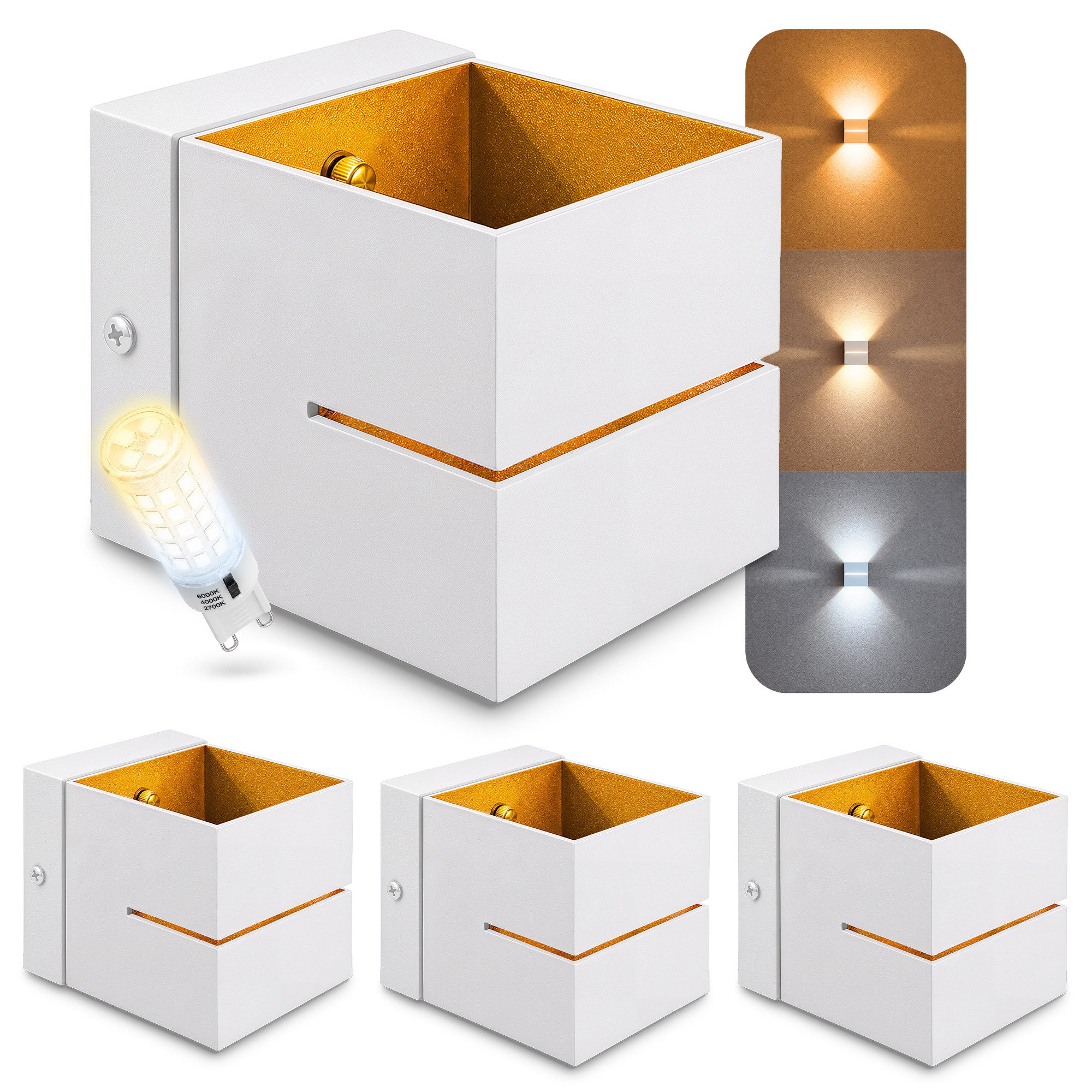 SSC-LUXon LED Wandleuchte KOURA Wandleuchte weiß gold Up Down LED G9 Birne dimmbar 4W 3CCT, Neutralweiß, Warmweiß, Tageslichtweiß