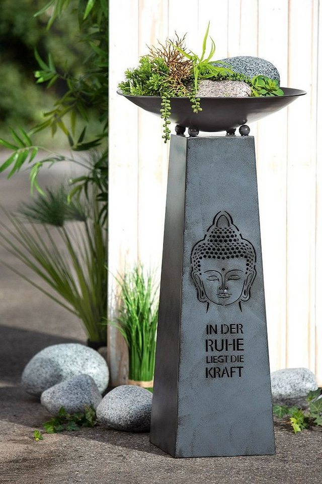 GILDE Dekosäule Säule Buddha mit Schale Metall grau (67418) Schalenständer  Garten Deko (2 St)