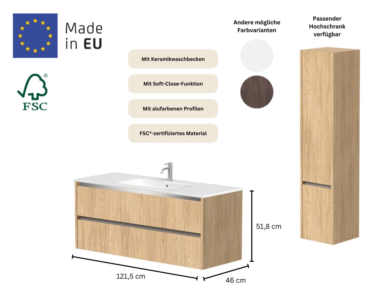 welltime Waschtisch City, Badmöbel, Badkommode, Badschrank, in verschiedenen Breiten (B/T/H: 81,5/46/51,5 cm), mit Soft-Close-Funktion, inklusive Waschbecken, FSC® zertifiziert